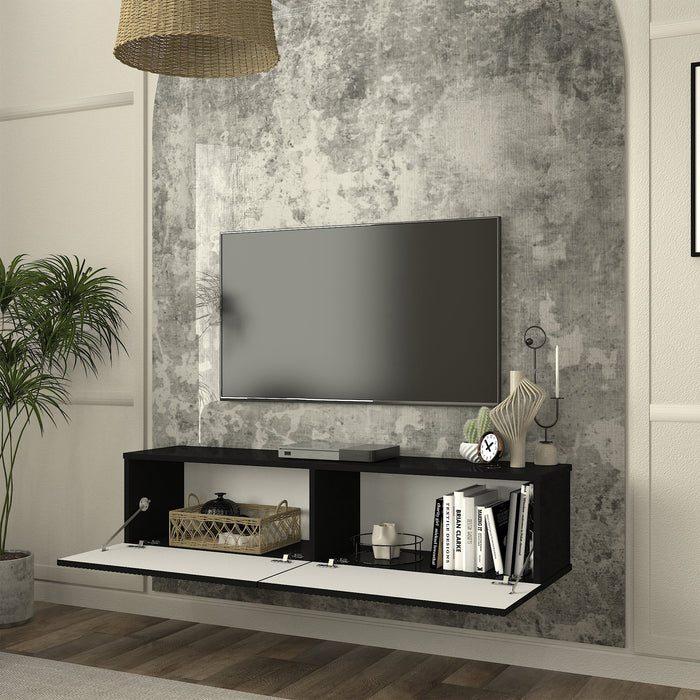 Mobile Porta TV da Parete Verpsboga con 2 Ante Decorative 135 x 32 x 30 cm - Nero [en.casa]