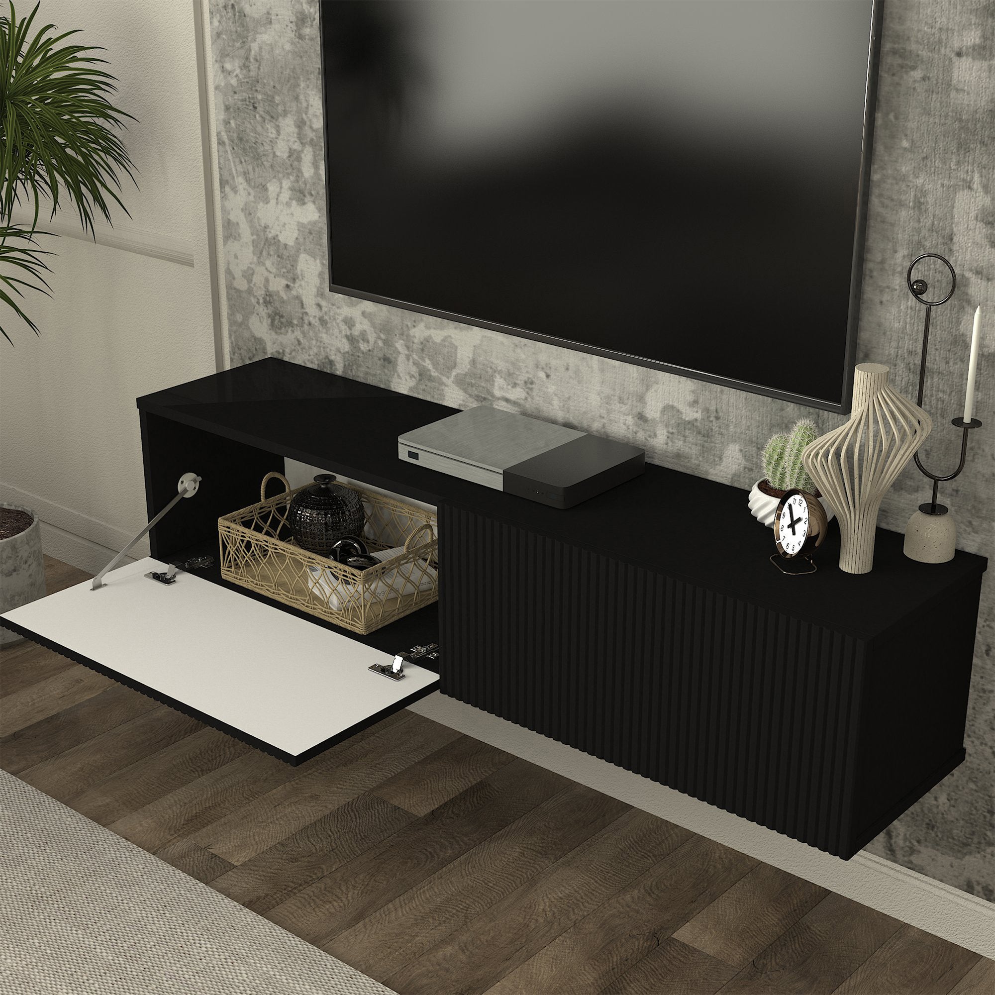 Mobile Porta TV da Parete Verpsboga con 2 Ante Decorative 135 x 32 x 30 cm - Nero [en.casa]