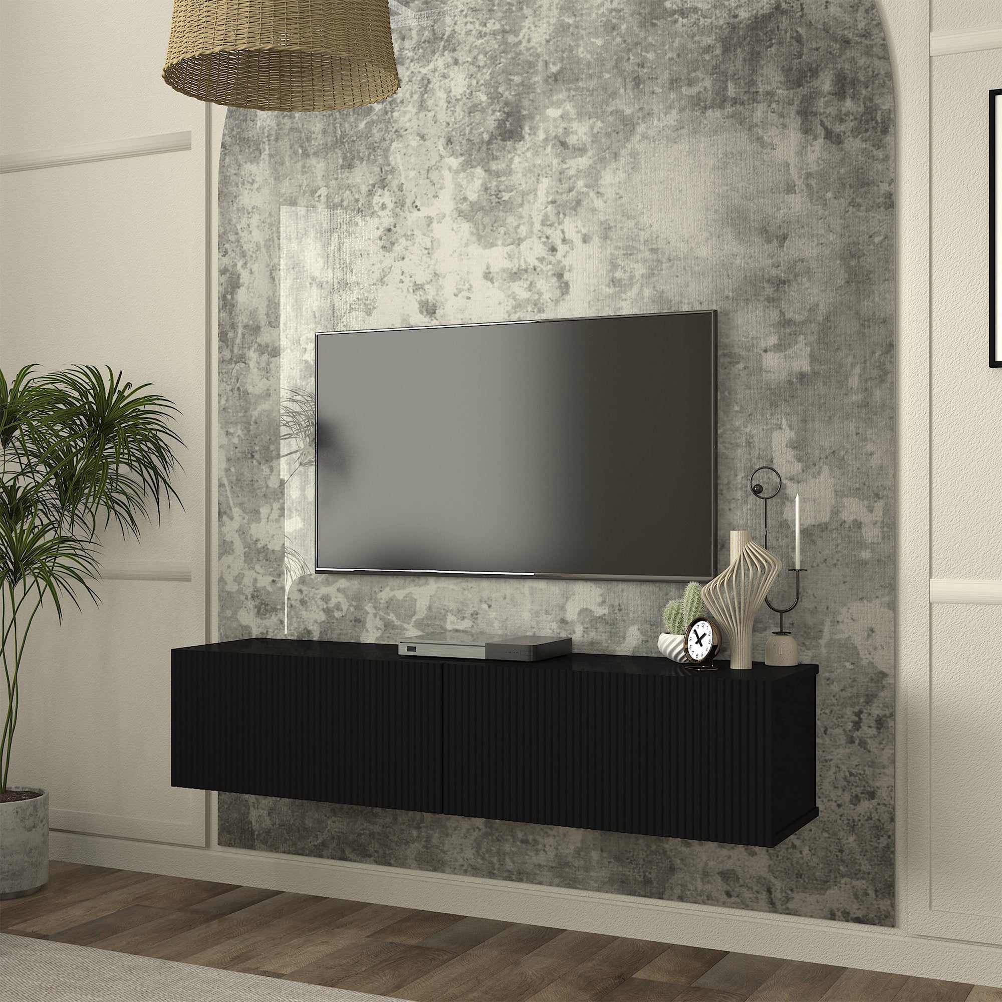 Mobile Porta TV da Parete Verpsboga con 2 Ante Decorative 135 x 32 x 30 cm - Nero [en.casa]
