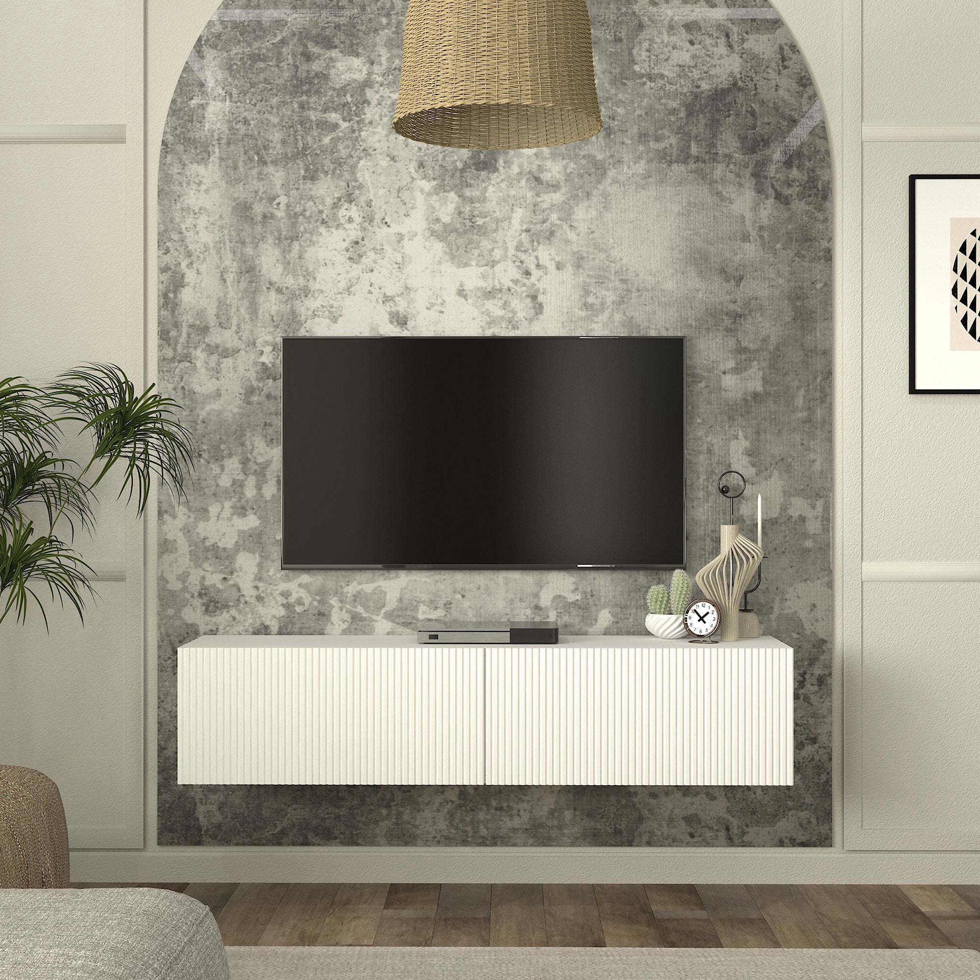 Mobile Porta TV da Parete Verpsboga con 2 Ante Decorative 135 x 32 x 30 cm - Bianco [en.casa]
