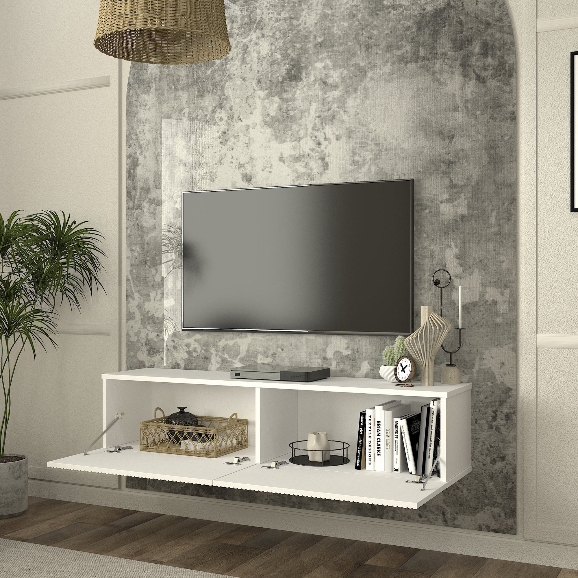 Mobile Porta TV da Parete Verpsboga con 2 Ante Decorative 135 x 32 x 30 cm - Bianco [en.casa]