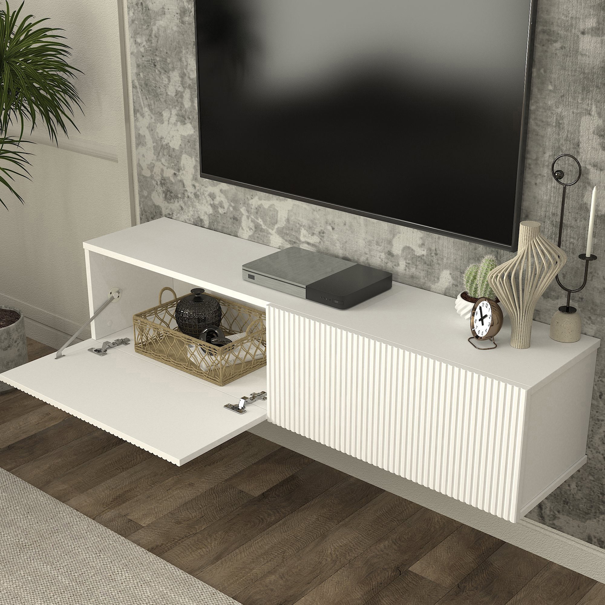 Mobile Porta TV da Parete Verpsboga con 2 Ante Decorative 135 x 32 x 30 cm - Bianco [en.casa]