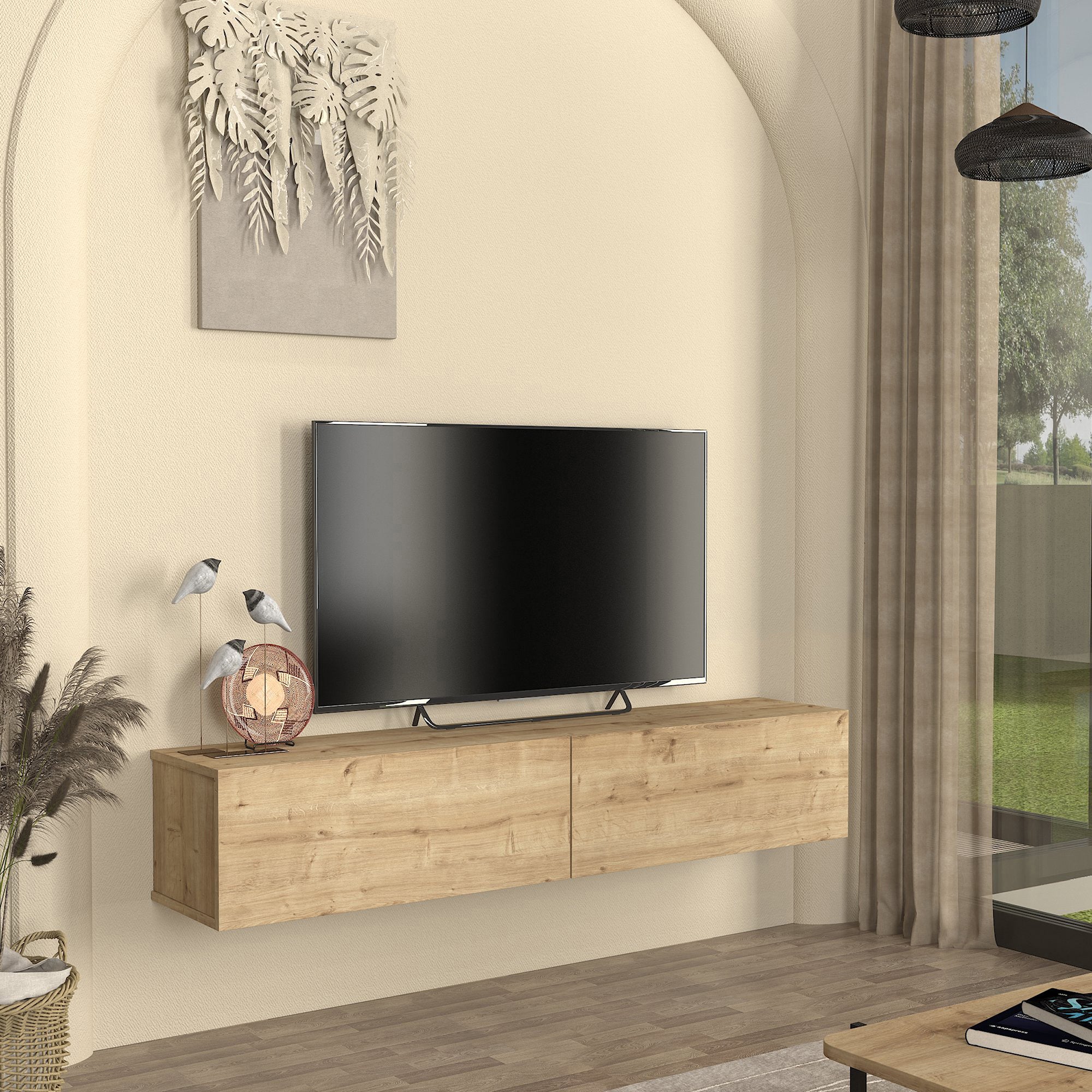 Mobile TV da Parete Nolven con 2 Ante a Ribalta 160 x 32 x 30 cm - Effetto Rovere [en.casa]