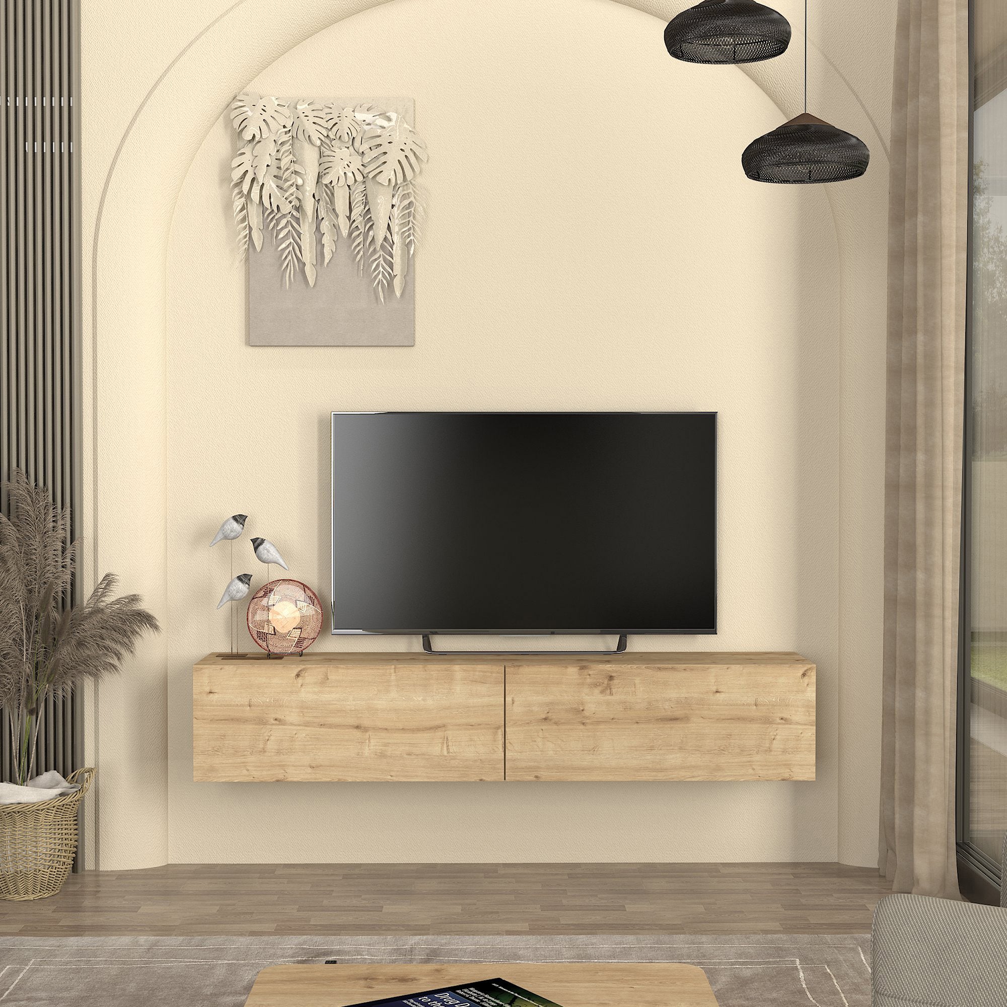 Mobile TV da Parete Nolven con 2 Ante a Ribalta 160 x 32 x 30 cm - Effetto Rovere [en.casa]