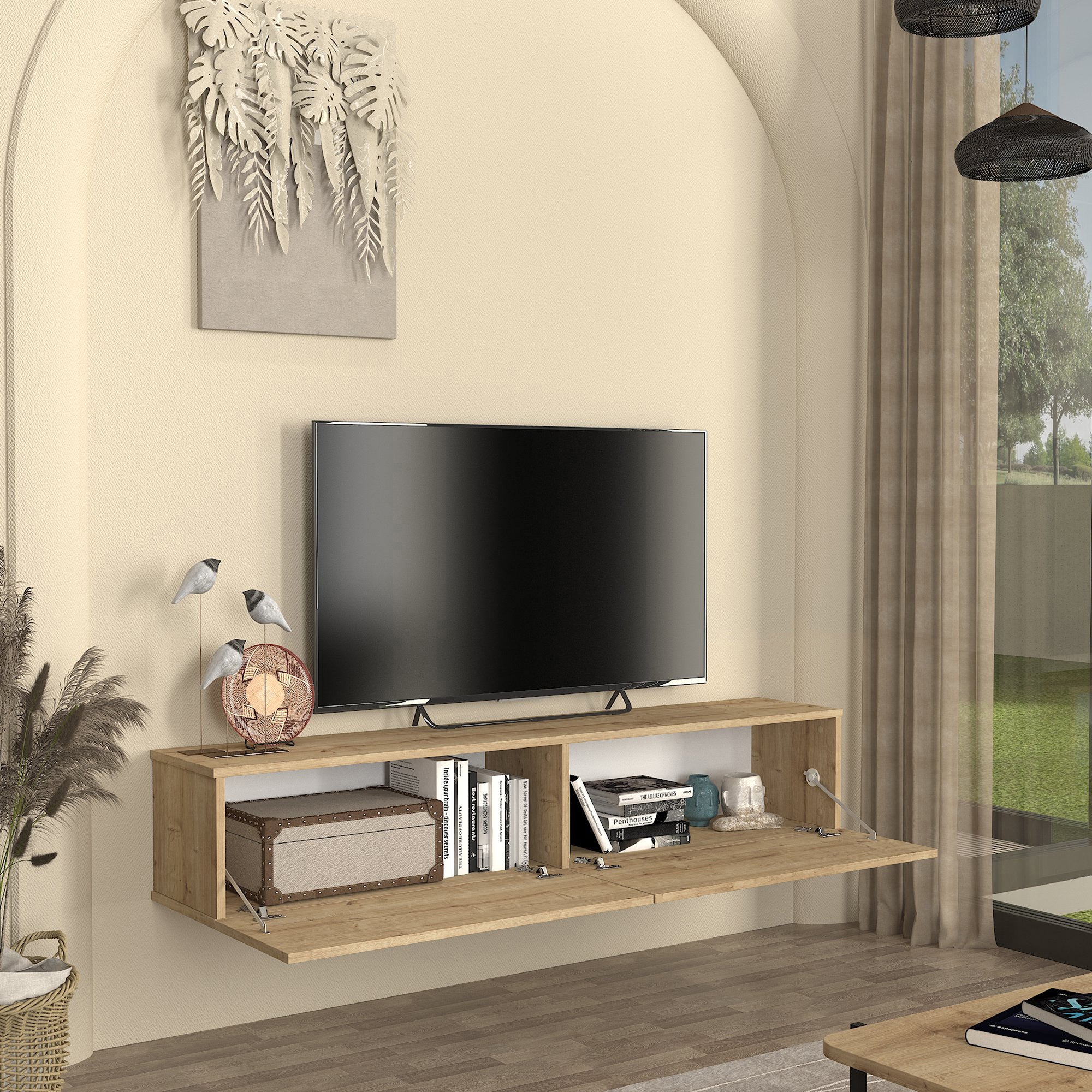 Mobile TV da Parete Nolven con 2 Ante a Ribalta 160 x 32 x 30 cm - Effetto Rovere [en.casa]