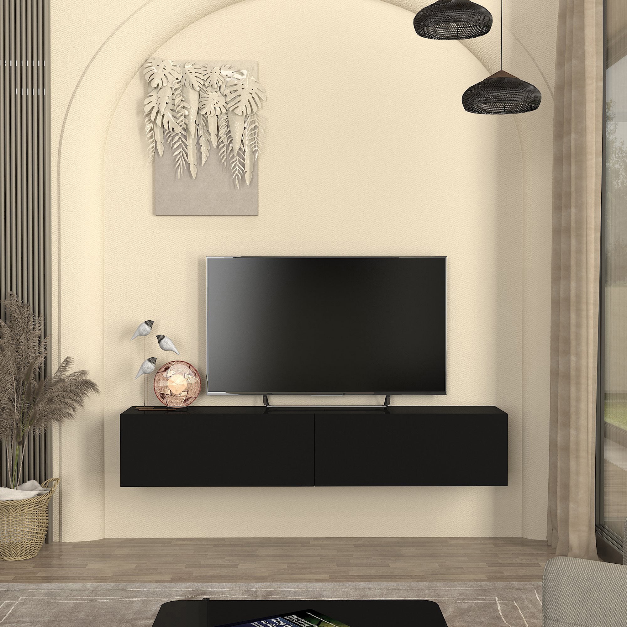 Mobile TV da Parete Nolven con 2 Ante a Ribalta 160 x 32 x 30 cm - Nero [en.casa]