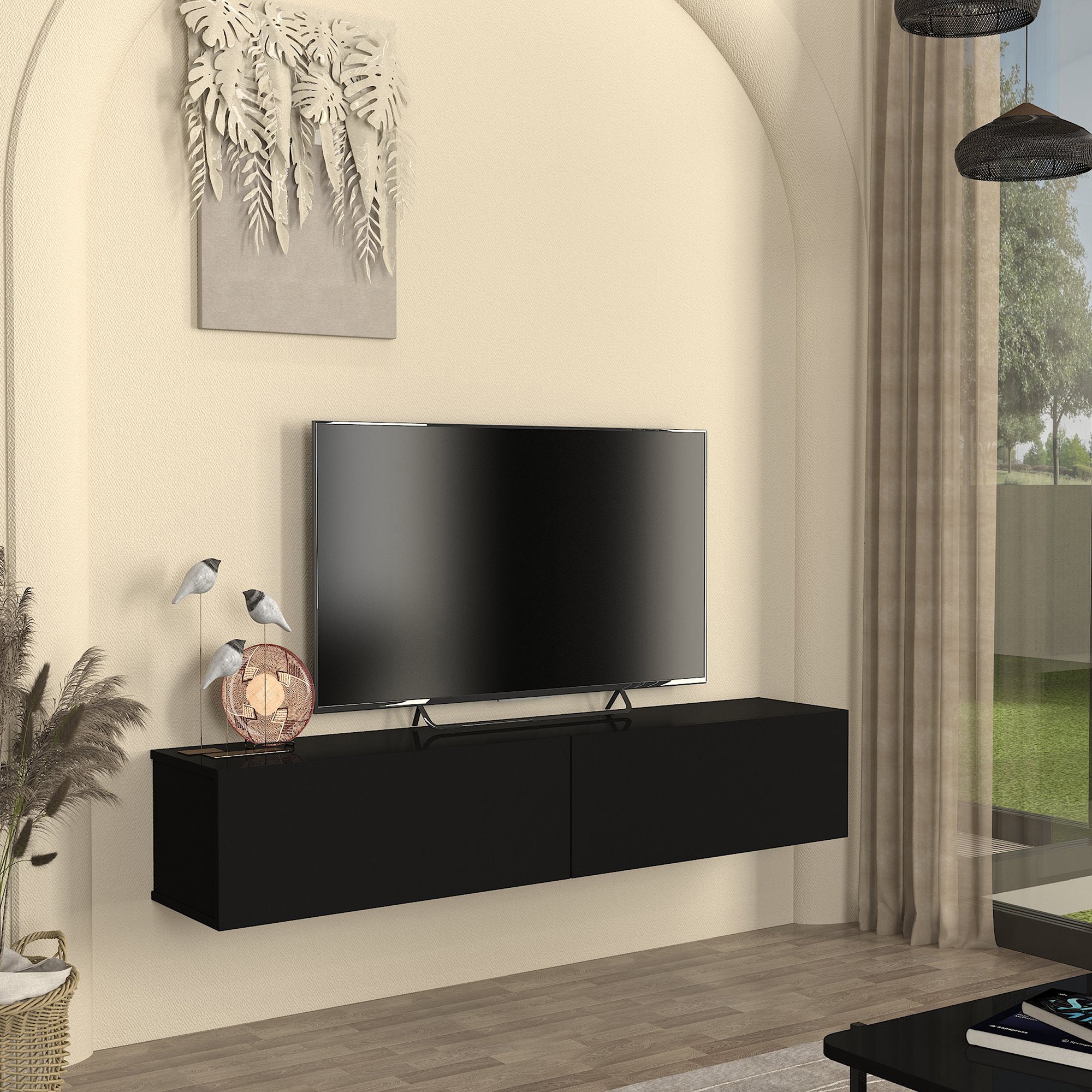 Mobile TV da Parete Nolven con 2 Ante a Ribalta 160 x 32 x 30 cm - Nero [en.casa]