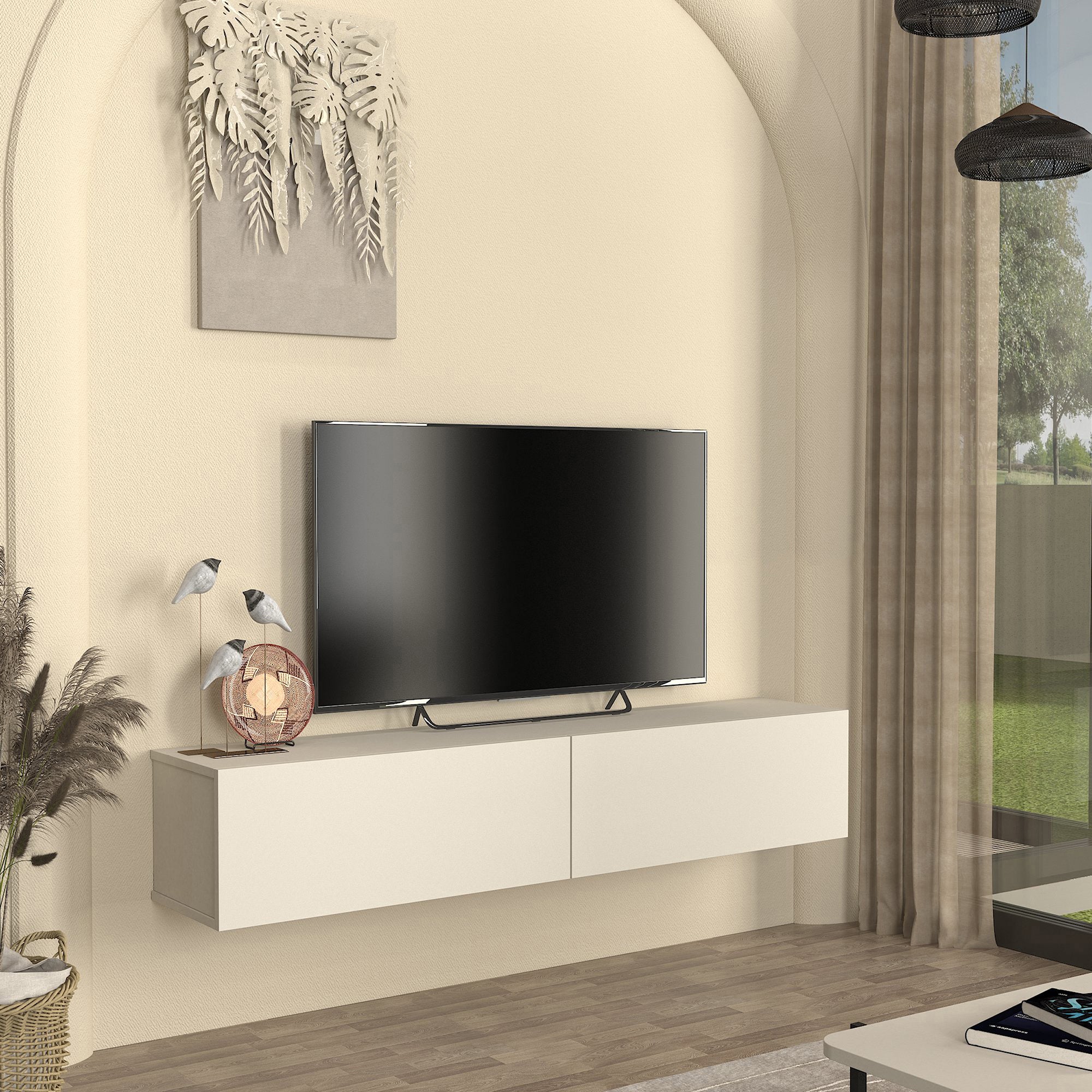 Mobile TV da Parete Nolven con 2 Ante a Ribalta 160 x 32 x 30 cm - Greige [en.casa]