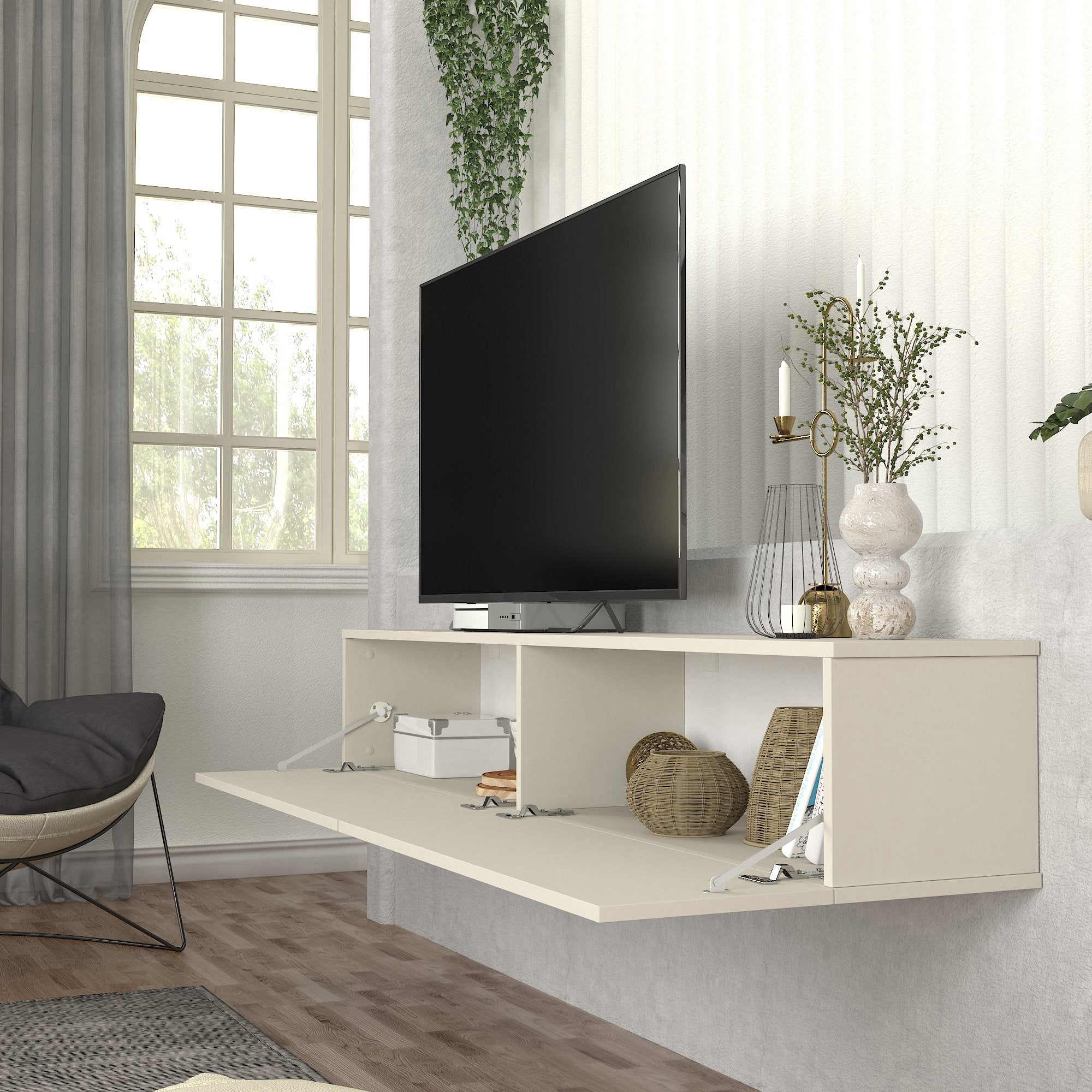 Mobile TV da Parete Nolven con 2 Ante a Ribalta 180 x 32 x 30 cm - Greige [en.casa]