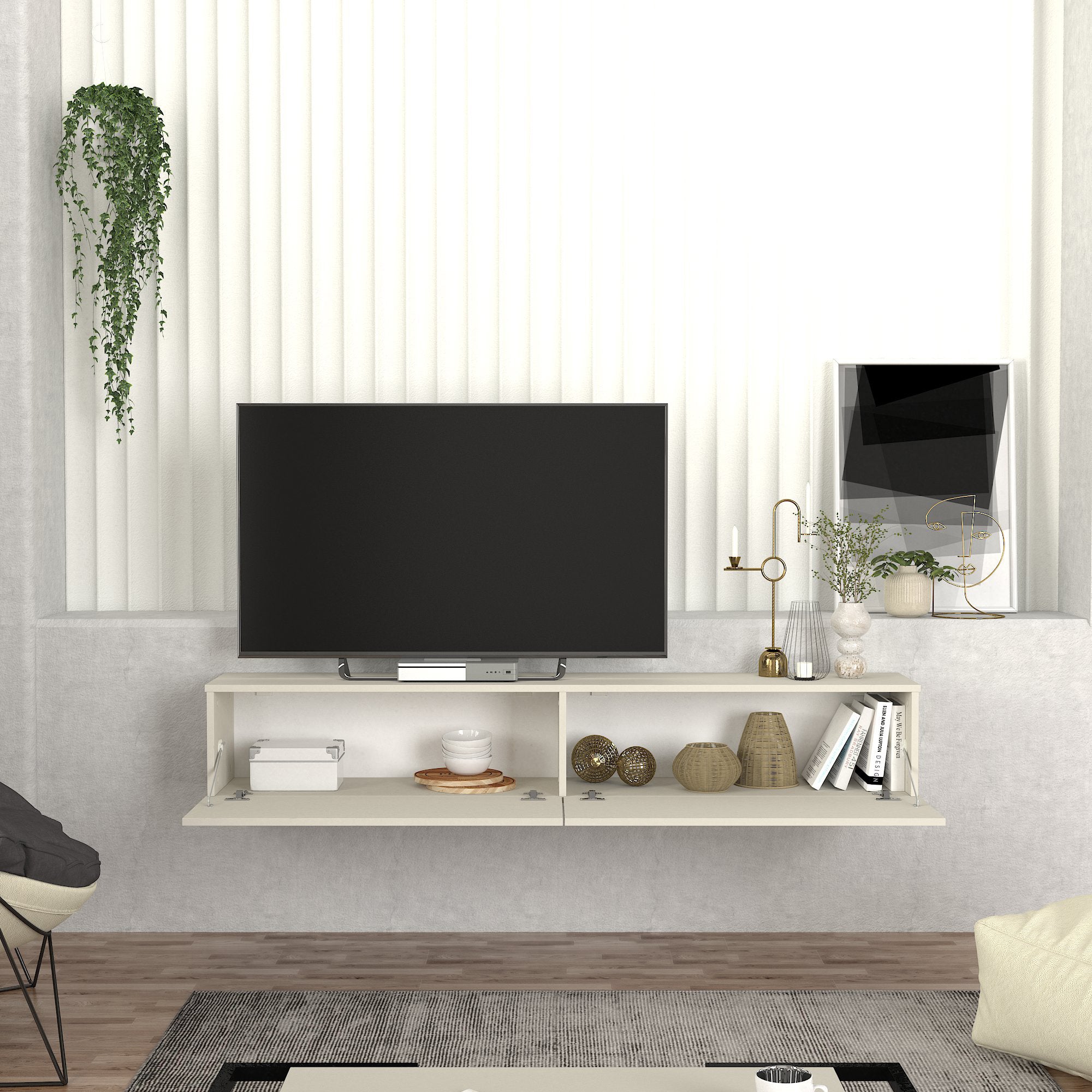 Mobile TV da Parete Nolven con 2 Ante a Ribalta 180 x 32 x 30 cm - Greige [en.casa]