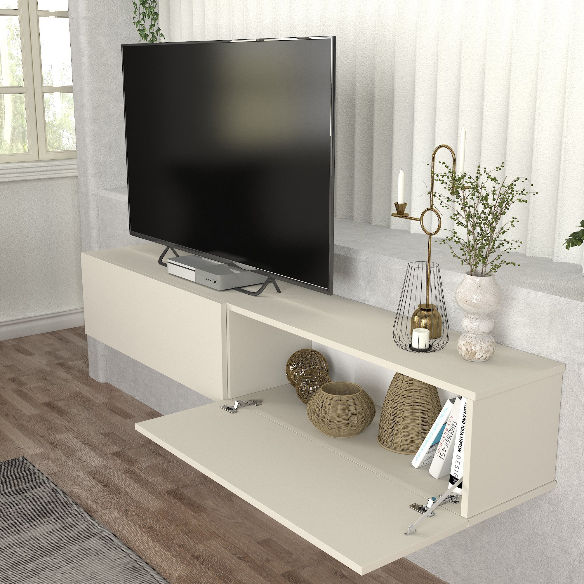 Mobile TV da Parete Nolven con 2 Ante a Ribalta 180 x 32 x 30 cm - Greige [en.casa]