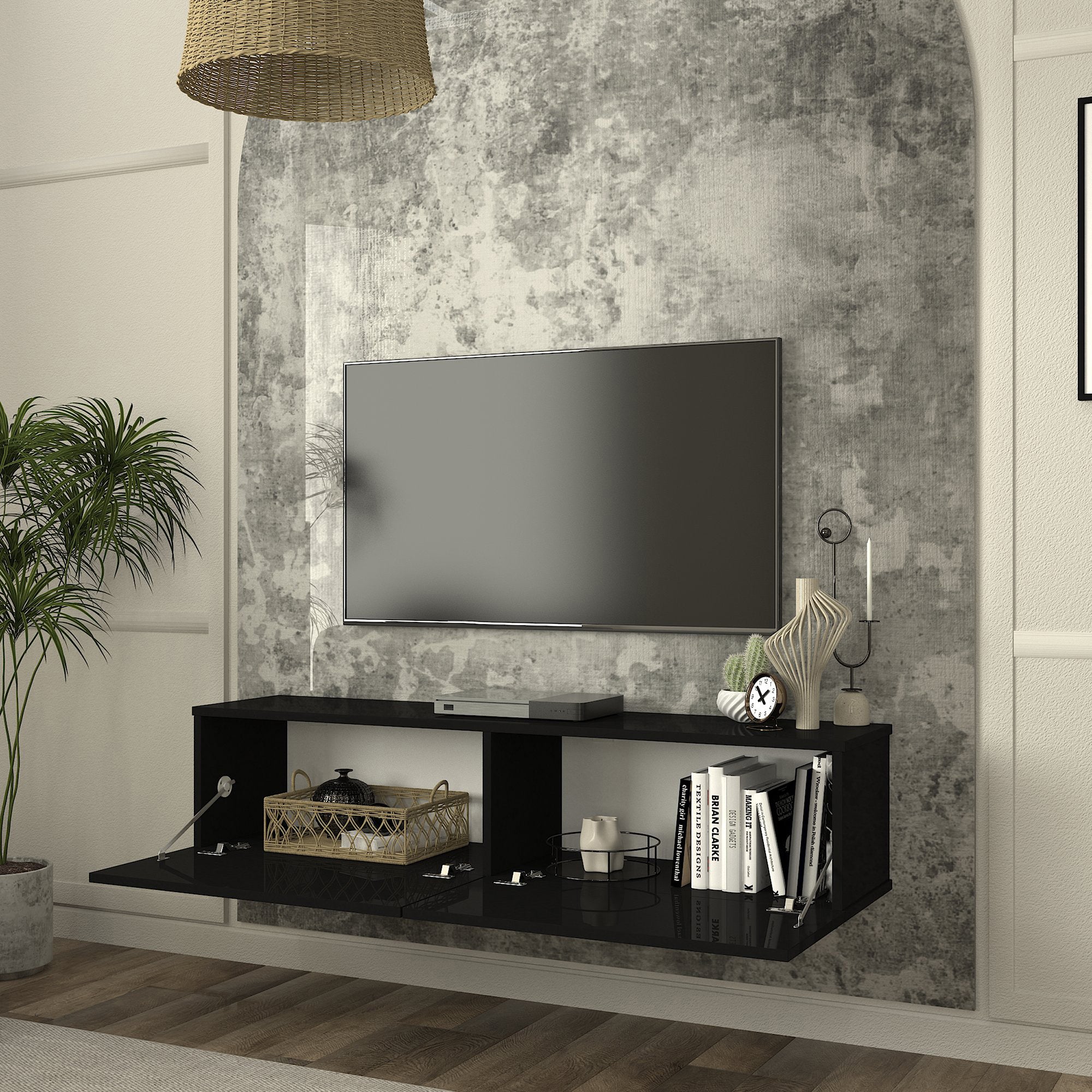 Mobile TV da Parete Nolven con 2 Ante a Ribalta 135 x 32 x 30 cm - Nero [en.casa]