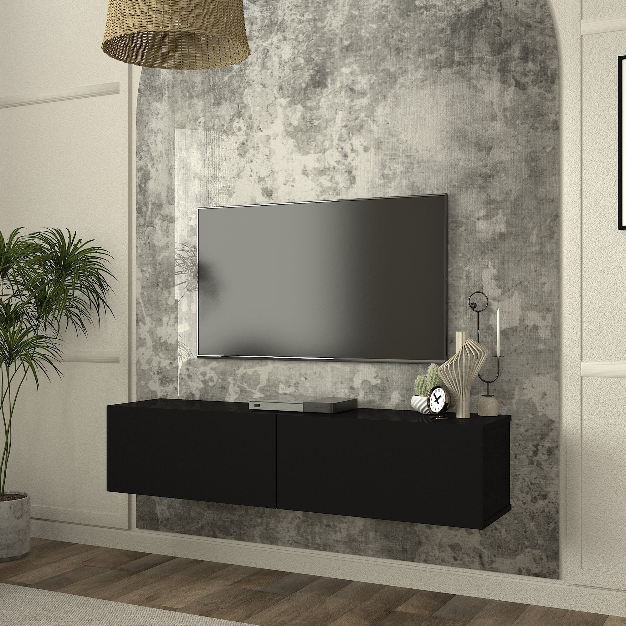 Mobile TV da Parete Nolven con 2 Ante a Ribalta 135 x 32 x 30 cm - Nero [en.casa]