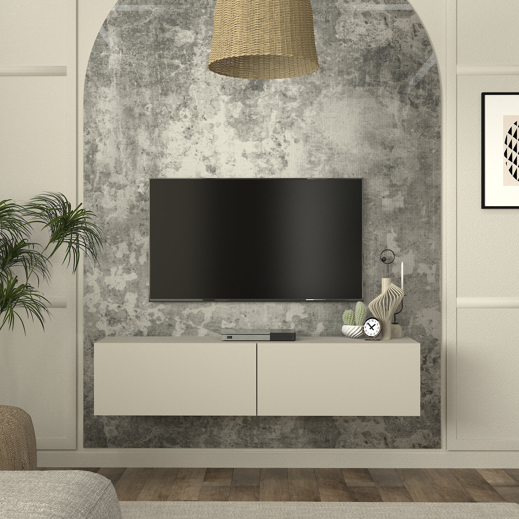 Mobile TV da Parete Nolven con 2 Ante a Ribalta 135 x 32 x 30 cm - Greige [en.casa]