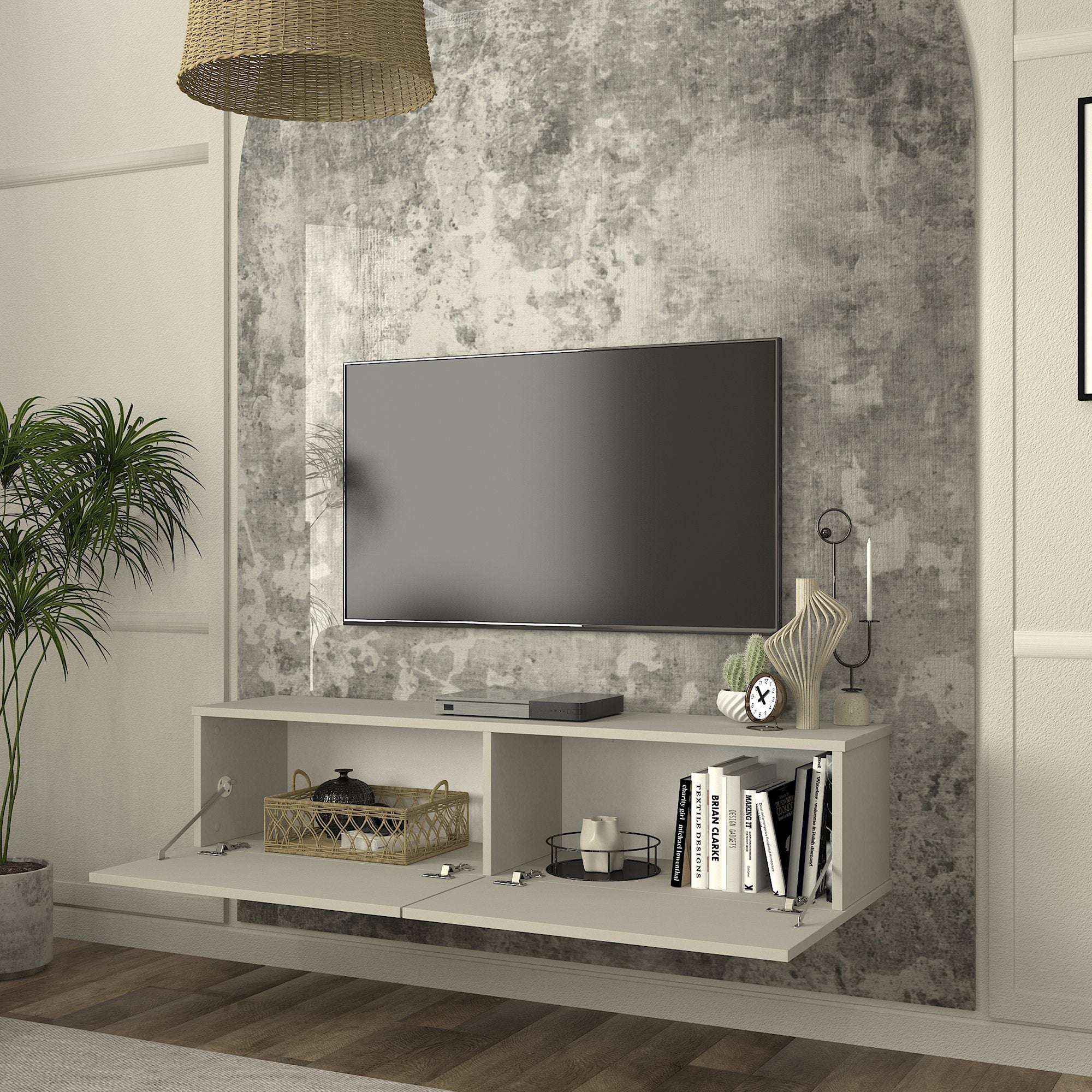 Mobile TV da Parete Nolven con 2 Ante a Ribalta 135 x 32 x 30 cm - Greige [en.casa]
