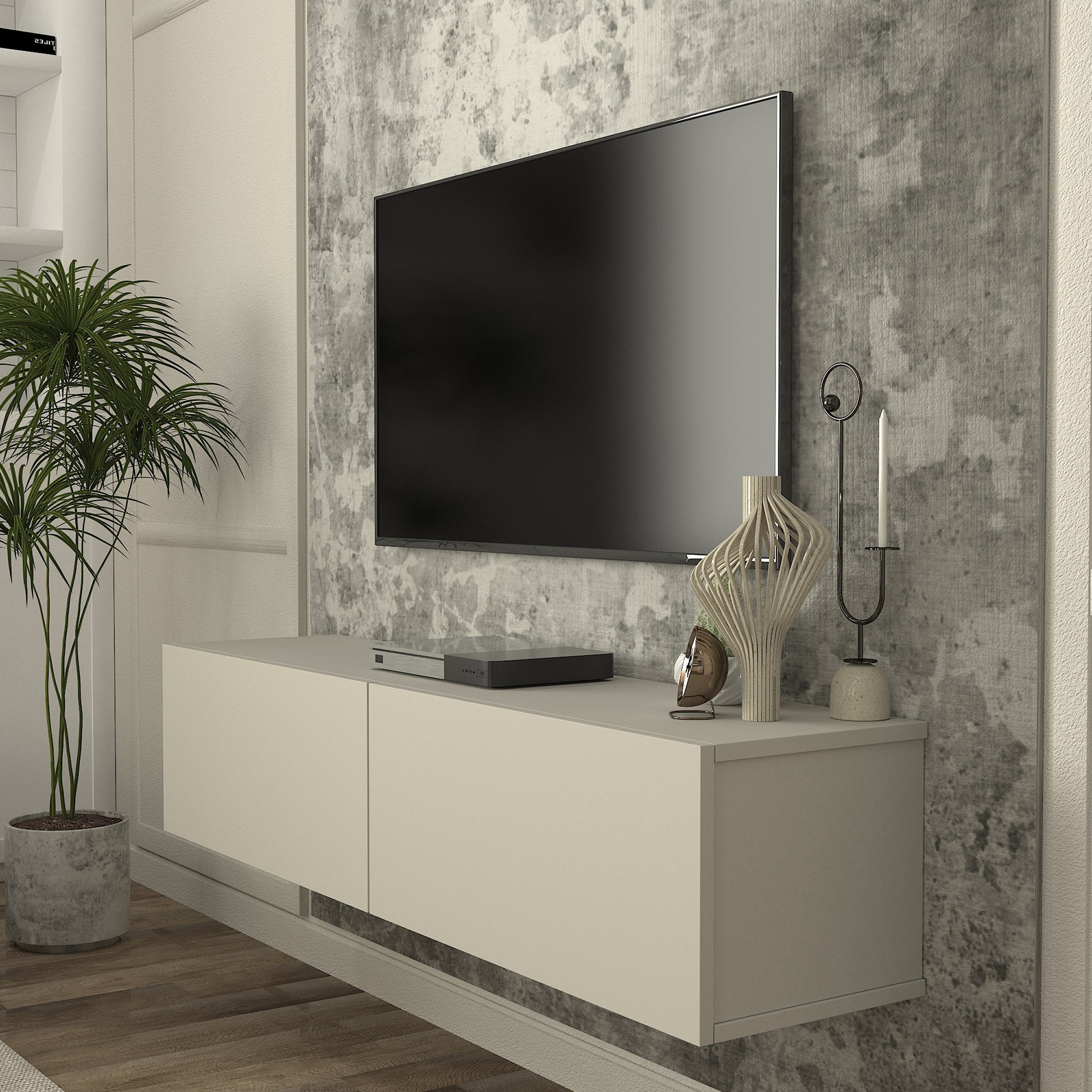 Mobile TV da Parete Nolven con 2 Ante a Ribalta 135 x 32 x 30 cm - Greige [en.casa]