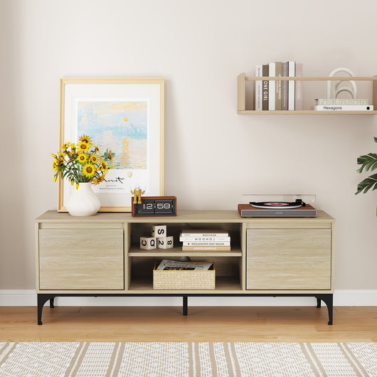 Mobile Porta TV Kistiandi a Vani Aperti e Chiusi con Ante 140 x 40 x 50 cm - Effetto Rovere Chiaro [en.casa]