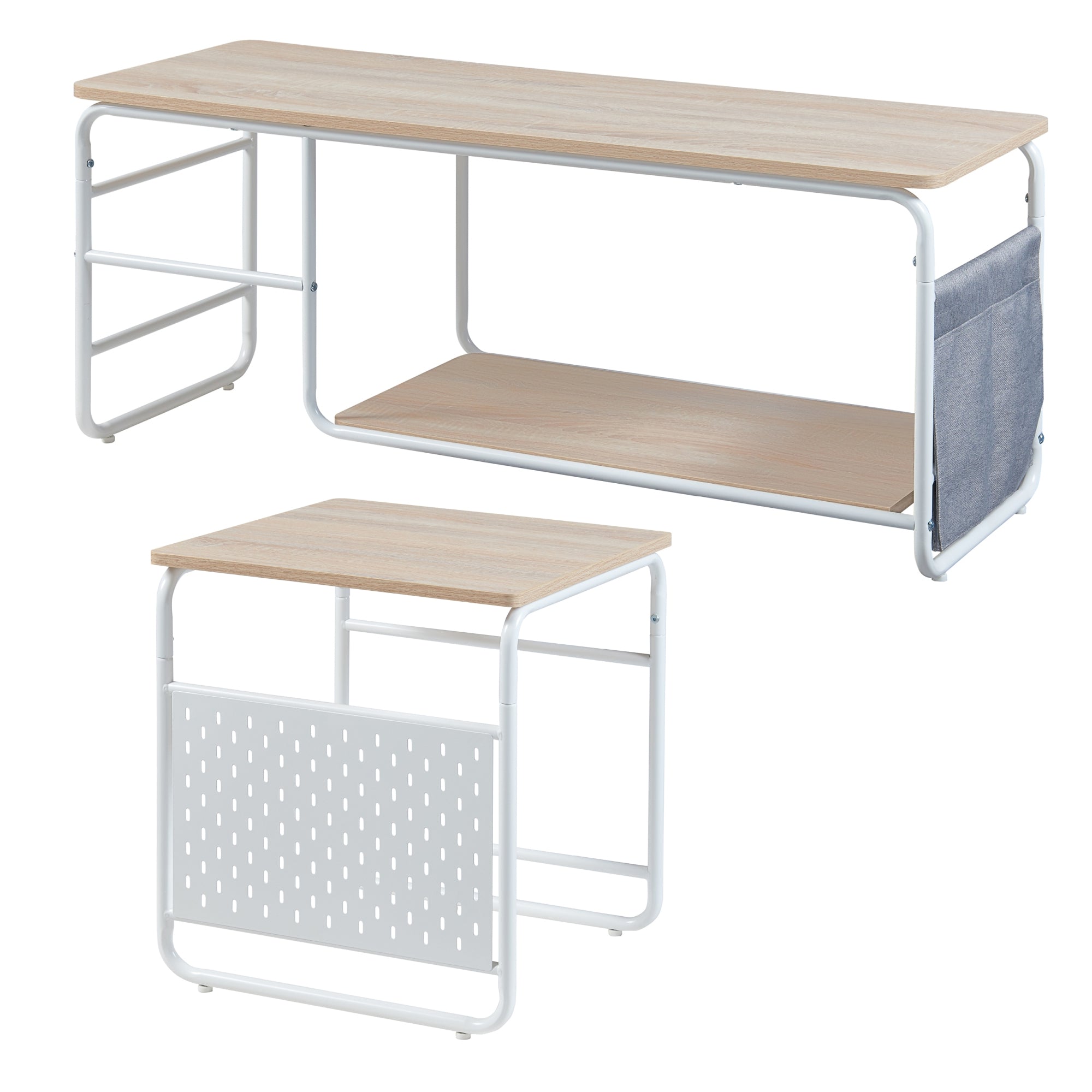 Set Dyrøy 2 in 1 Mobile TV e Tavolino Basso Sovrapponibile Bianco / Effetto Rovere [en.casa]