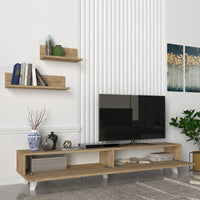 Set di Mobile TV e 2 Mensole da Muro Armadietto Porta TV 180 cm con 2 Ante a Ribalta e Mensole a Forma di L Lunghezze