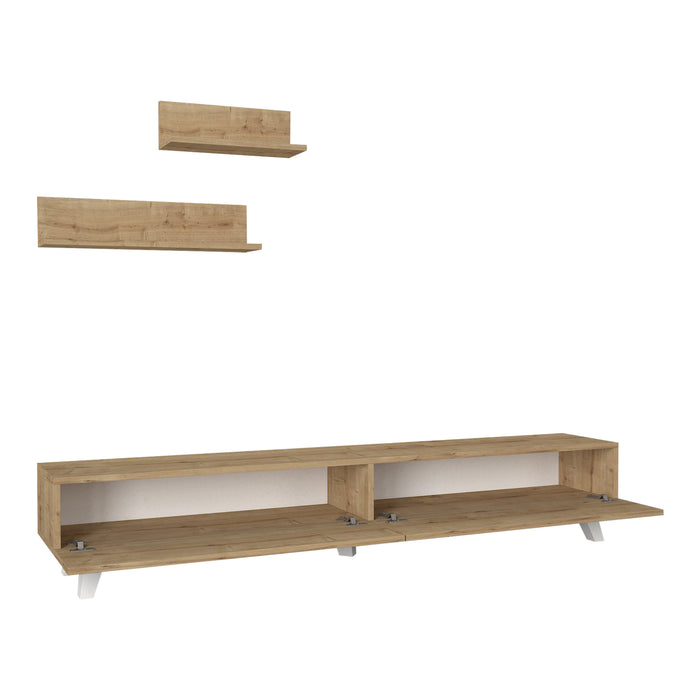 Set di Mobile TV e 2 Mensole da Muro Armadietto Porta TV 180 cm con 2 Ante a Ribalta e Mensole a Forma di L Lunghezze