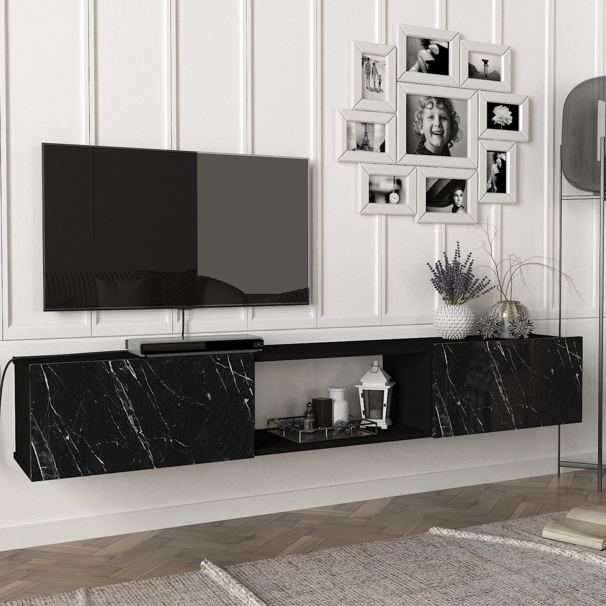 Mobile TV da Parete Paltamo Armadietto Pensile con Ante a Ribalta 180 x 31 x 29,5 cm Effetto Marmo Nero [en.casa]