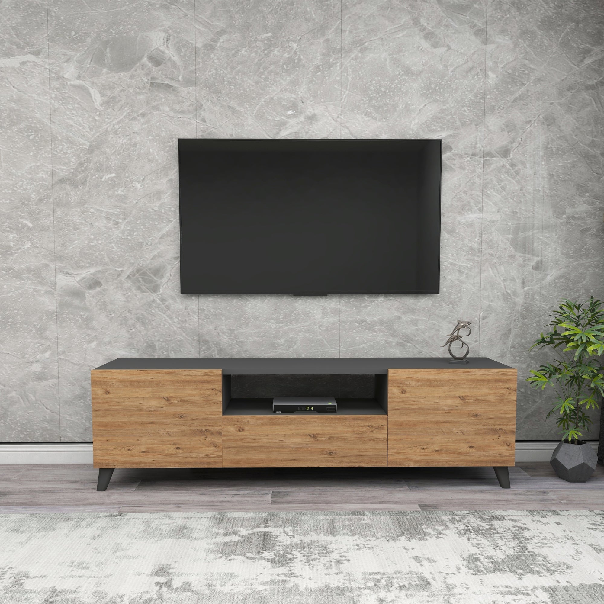 Mobile Porta TV Torsby con Scomparti Chiusi 46 x 140 x 30 cm Antracite / Effetto Rovere [en.casa]