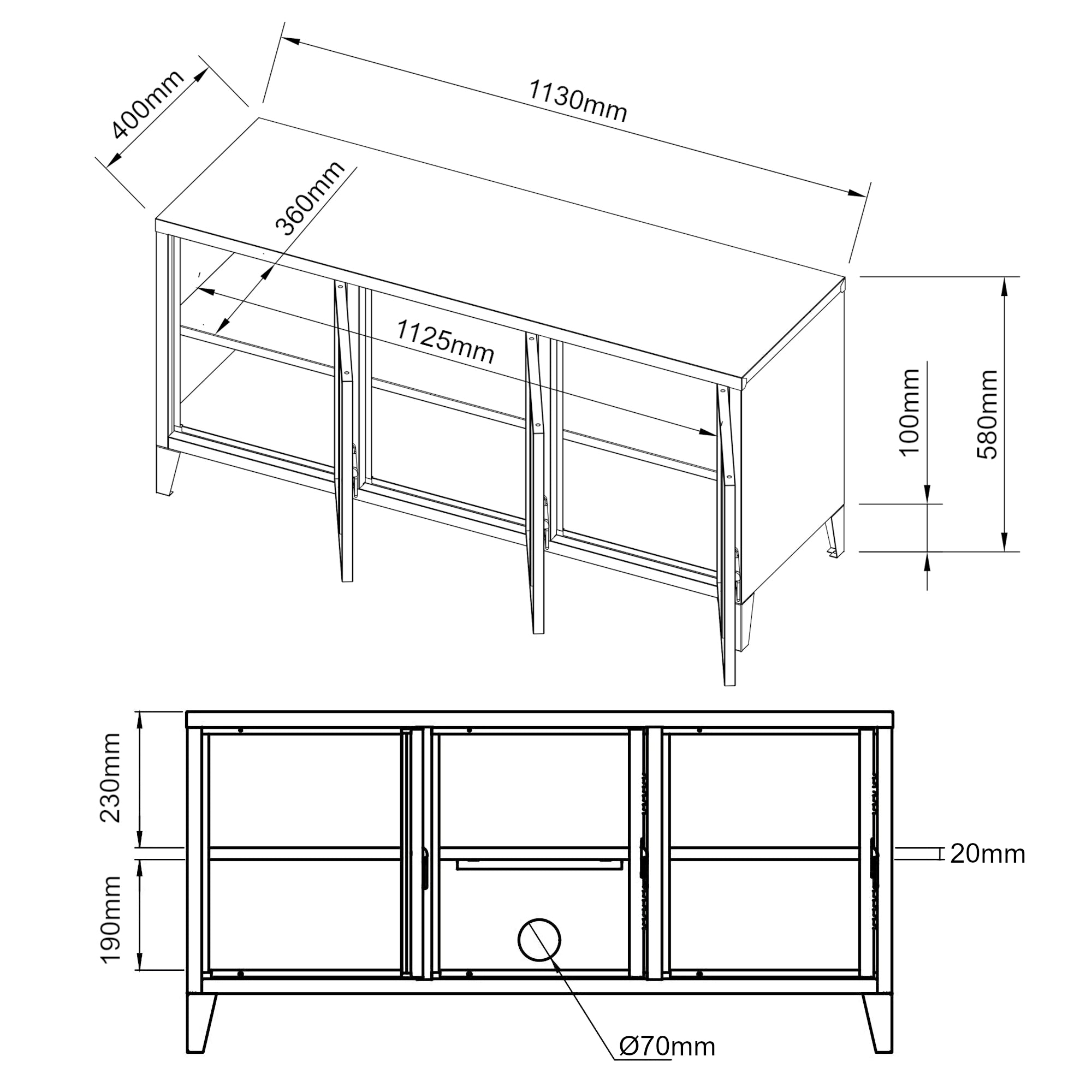 Mobile TV 'Kotka' a 3 Ante - Armadietto Basso in Acciaio - Bianco [en.casa]