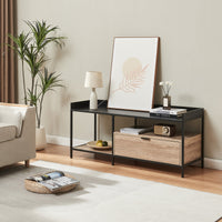 Mobile Porta TV Belana con Cassetto e 2 Scomparti Aperti 120 x 40 x 54 cm - Nero/Effetto Rovere [en.casa]