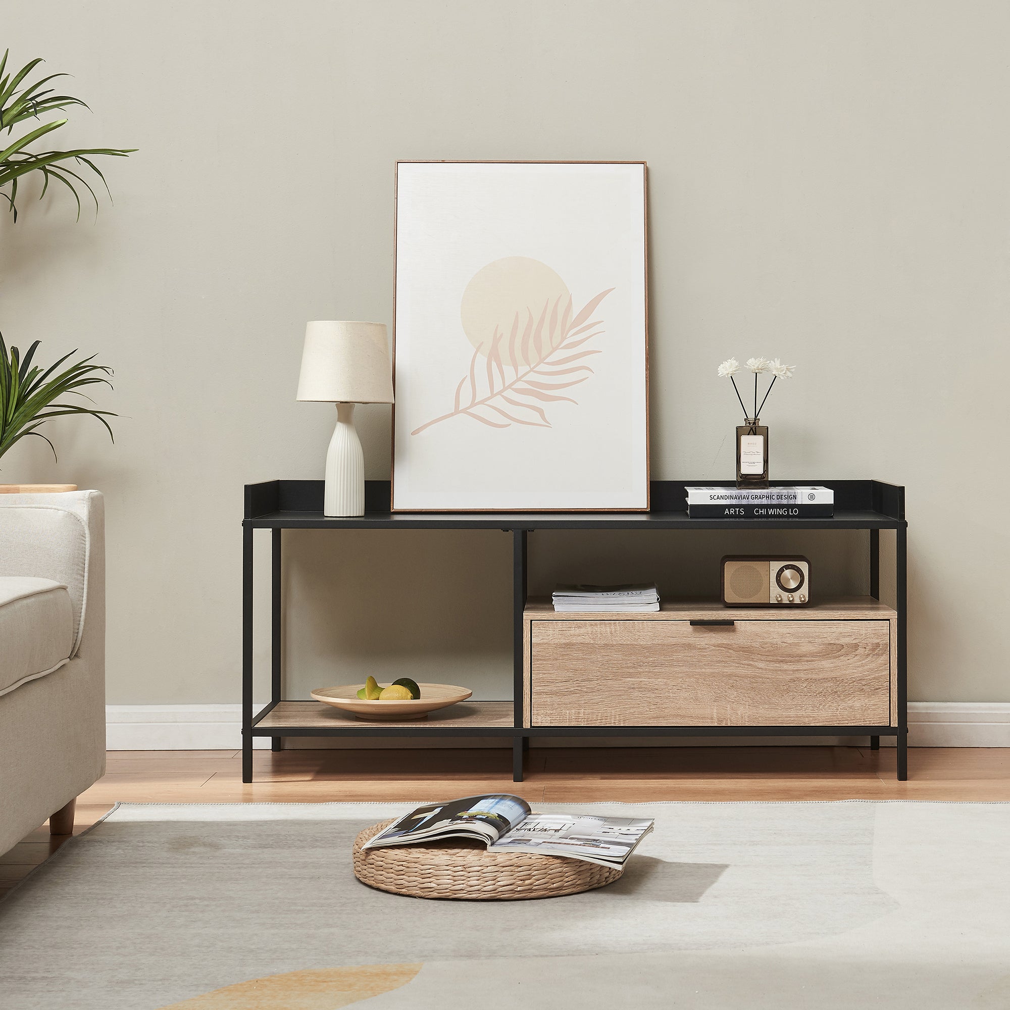 Mobile Porta TV Belana con Cassetto e 2 Scomparti Aperti 120 x 40 x 54 cm - Nero/Effetto Rovere [en.casa]