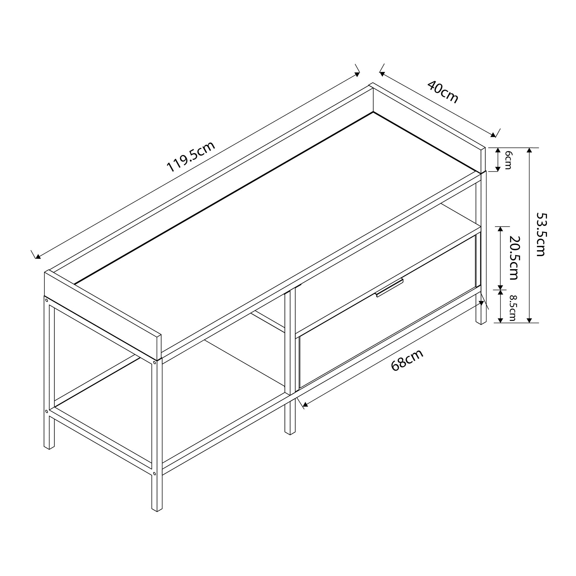 Mobile Porta TV Belana con Cassetto e 2 Scomparti Aperti 120 x 40 x 54 cm - Nero/Effetto Rovere [en.casa]