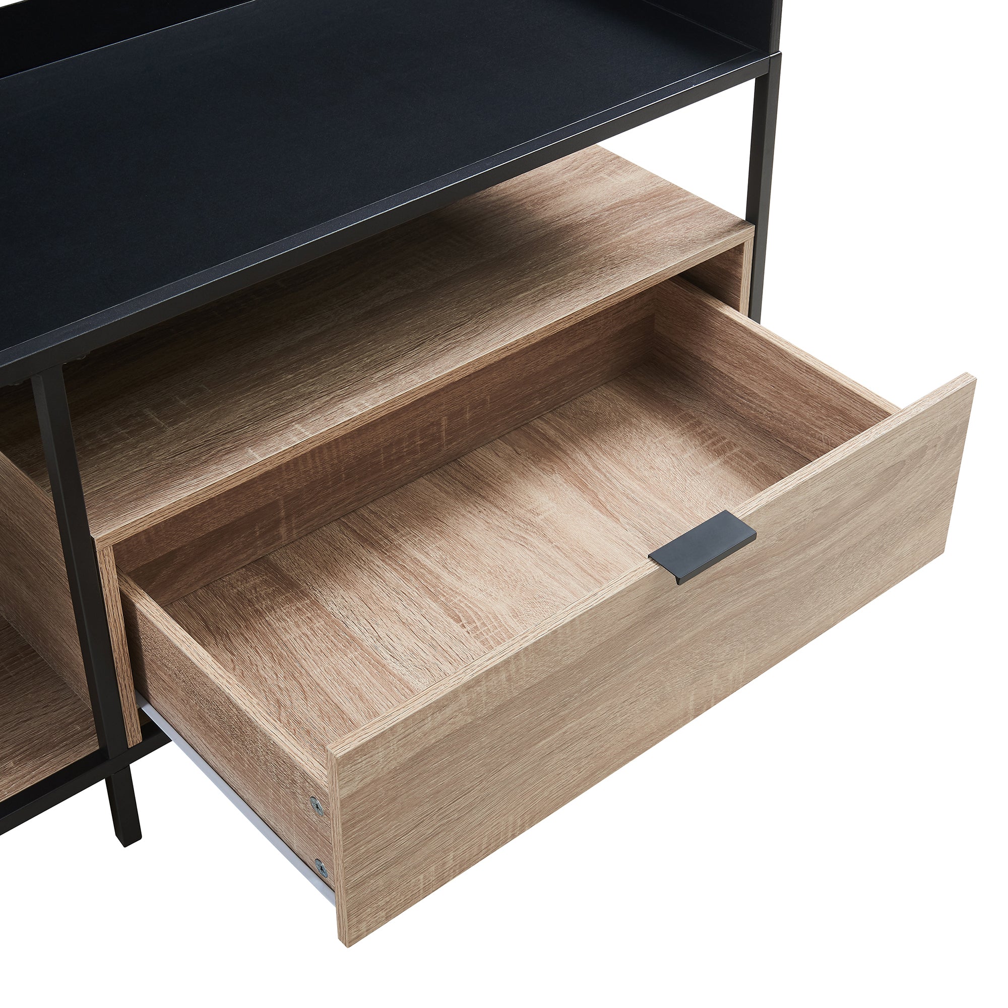 Mobile Porta TV Belana con Cassetto e 2 Scomparti Aperti 120 x 40 x 54 cm - Nero/Effetto Rovere [en.casa]