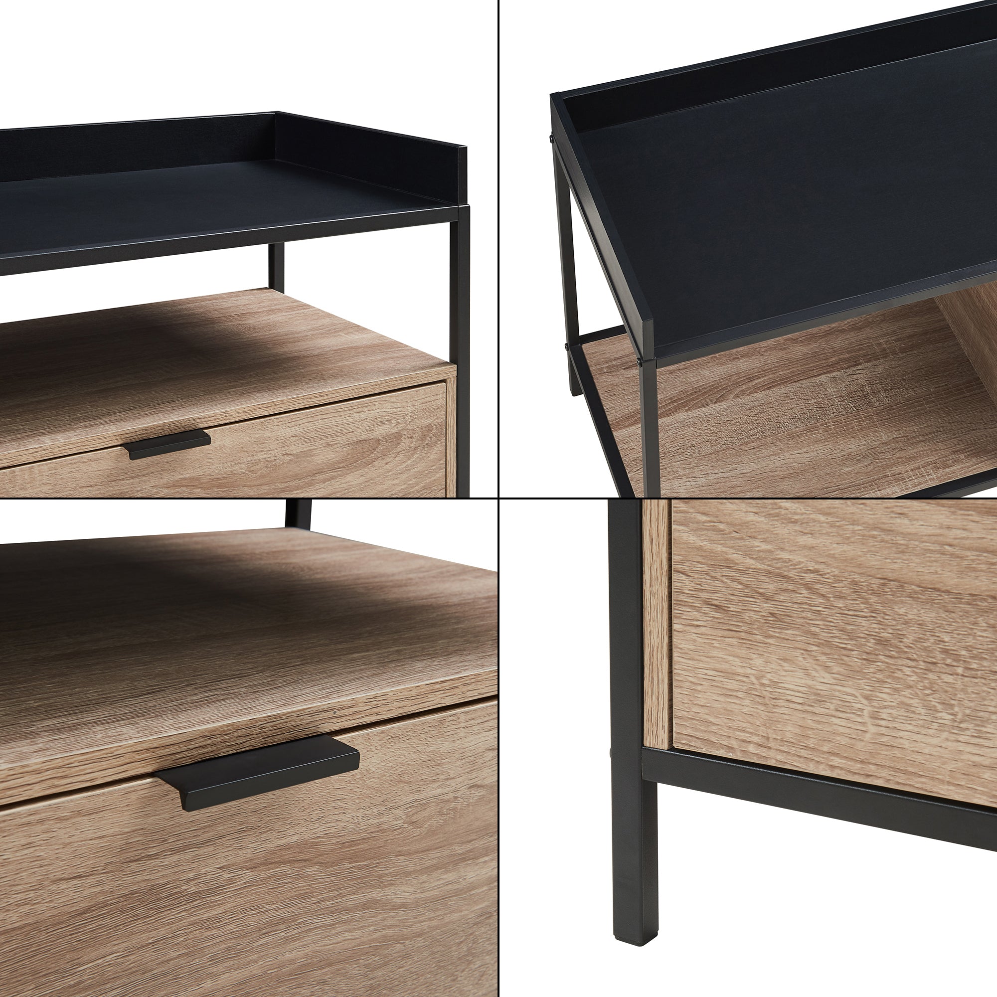 Mobile Porta TV Belana con Cassetto e 2 Scomparti Aperti 120 x 40 x 54 cm - Nero/Effetto Rovere [en.casa]