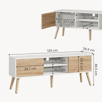 Mobile Porta TV con 2 Armadietti e 2 Scomparti Aperti 120 x 29,5 x 46,5 cm Supporto TV con Passaggio Cavi Tavolino