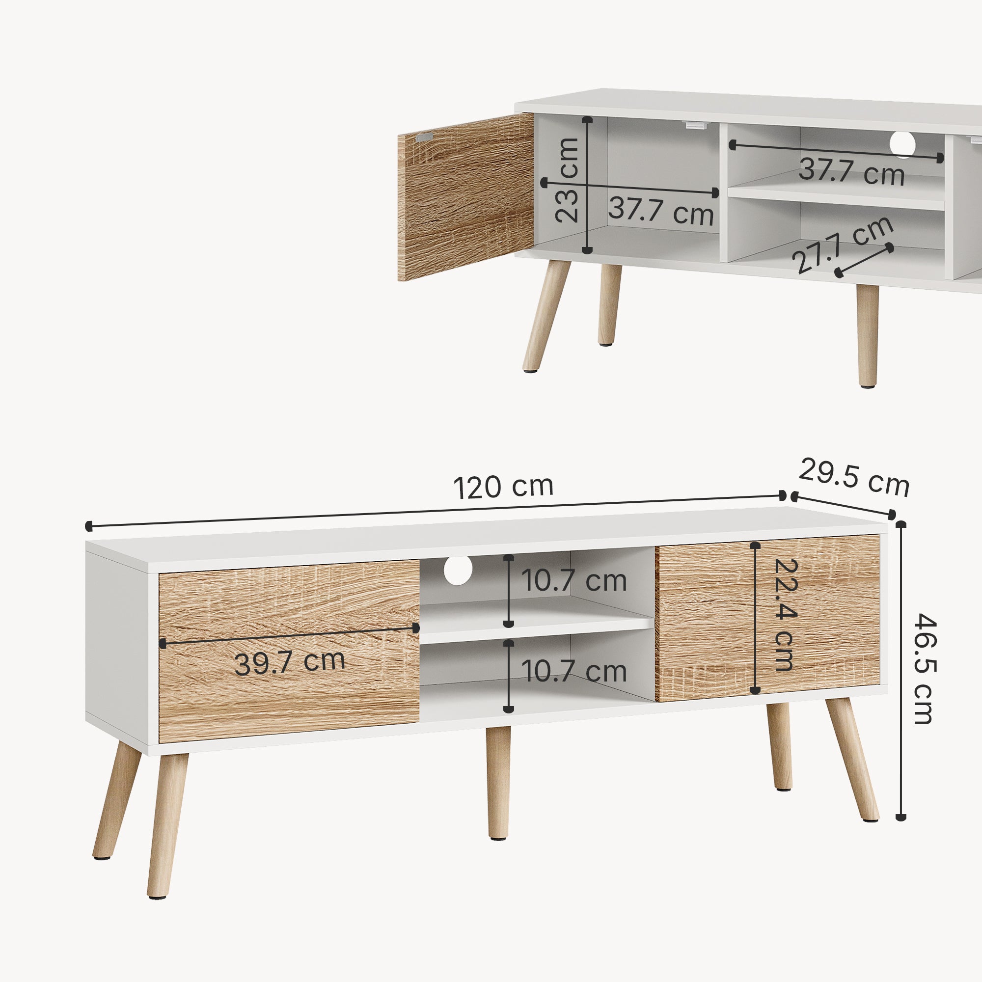 Mobile Porta TV con 2 Armadietti e 2 Scomparti Aperti 120 x 29,5 x 46,5 cm Supporto TV con Passaggio Cavi Tavolino