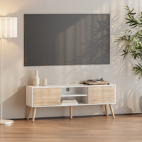 Mobile Porta TV con 2 Armadietti e 2 Scomparti Aperti 120 x 29,5 x 46,5 cm Supporto TV con Passaggio Cavi Tavolino