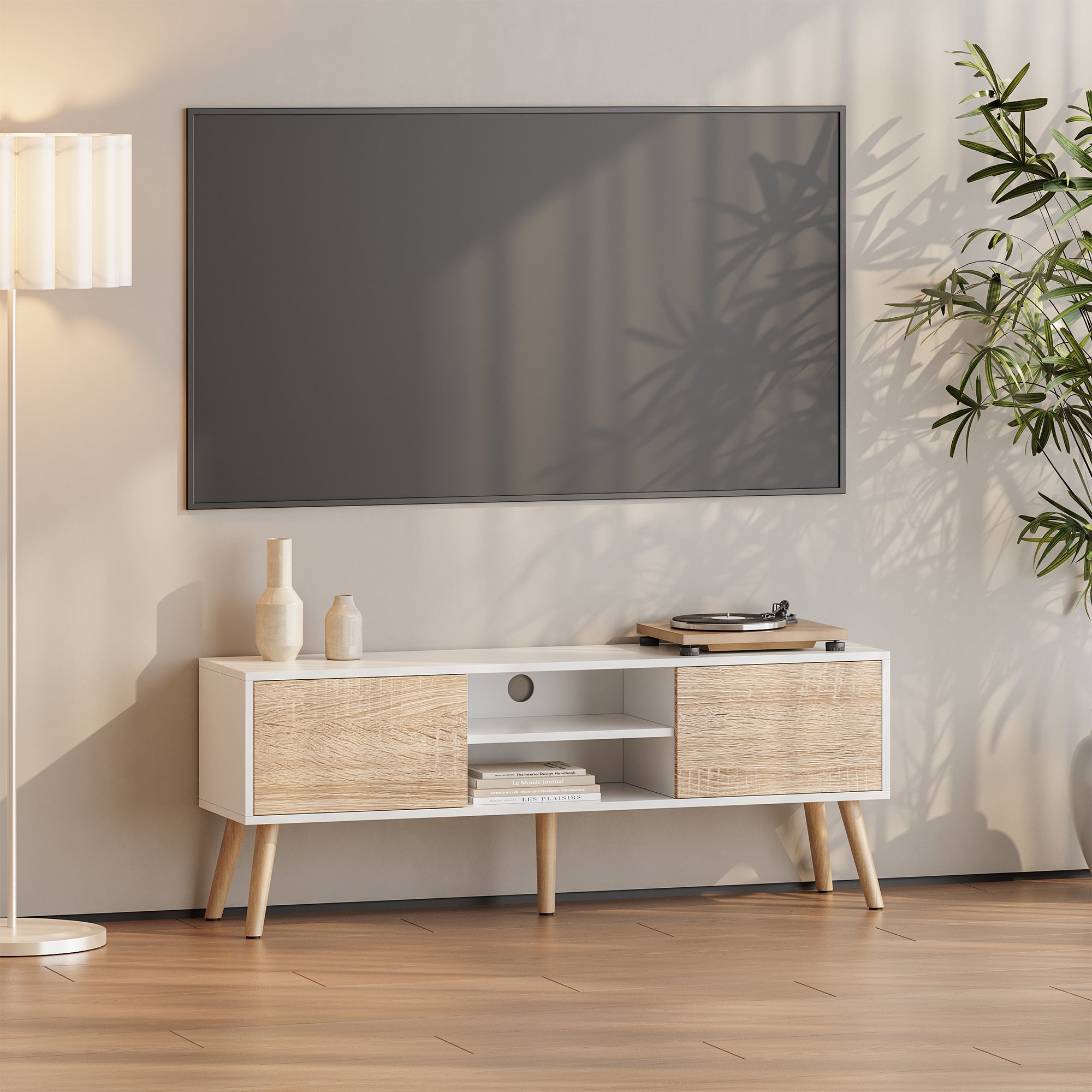 Mobile Porta TV con 2 Armadietti e 2 Scomparti Aperti 120 x 29,5 x 46,5 cm Supporto TV con Passaggio Cavi Tavolino