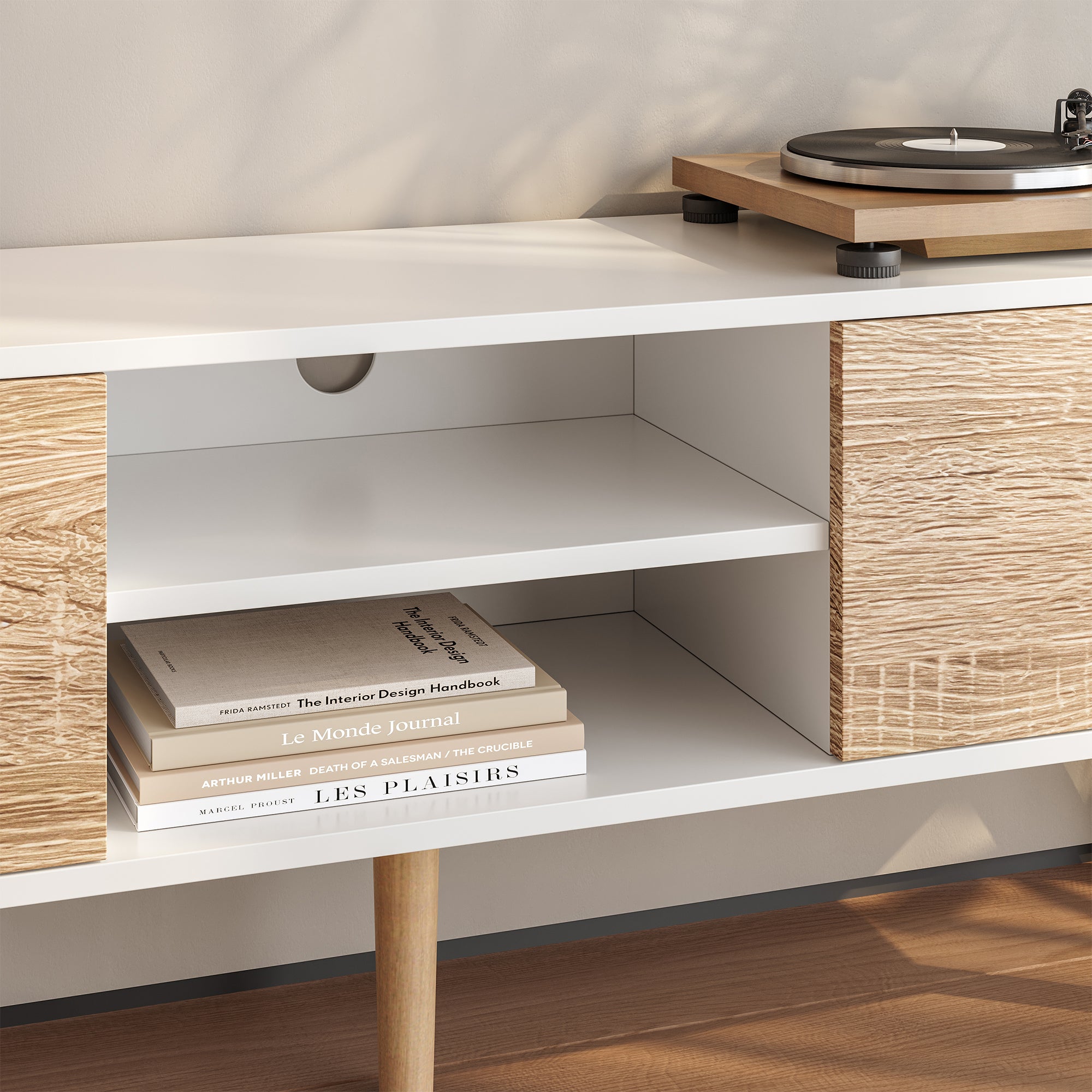 Mobile Porta TV con 2 Armadietti e 2 Scomparti Aperti 120 x 29,5 x 46,5 cm Supporto TV con Passaggio Cavi Tavolino