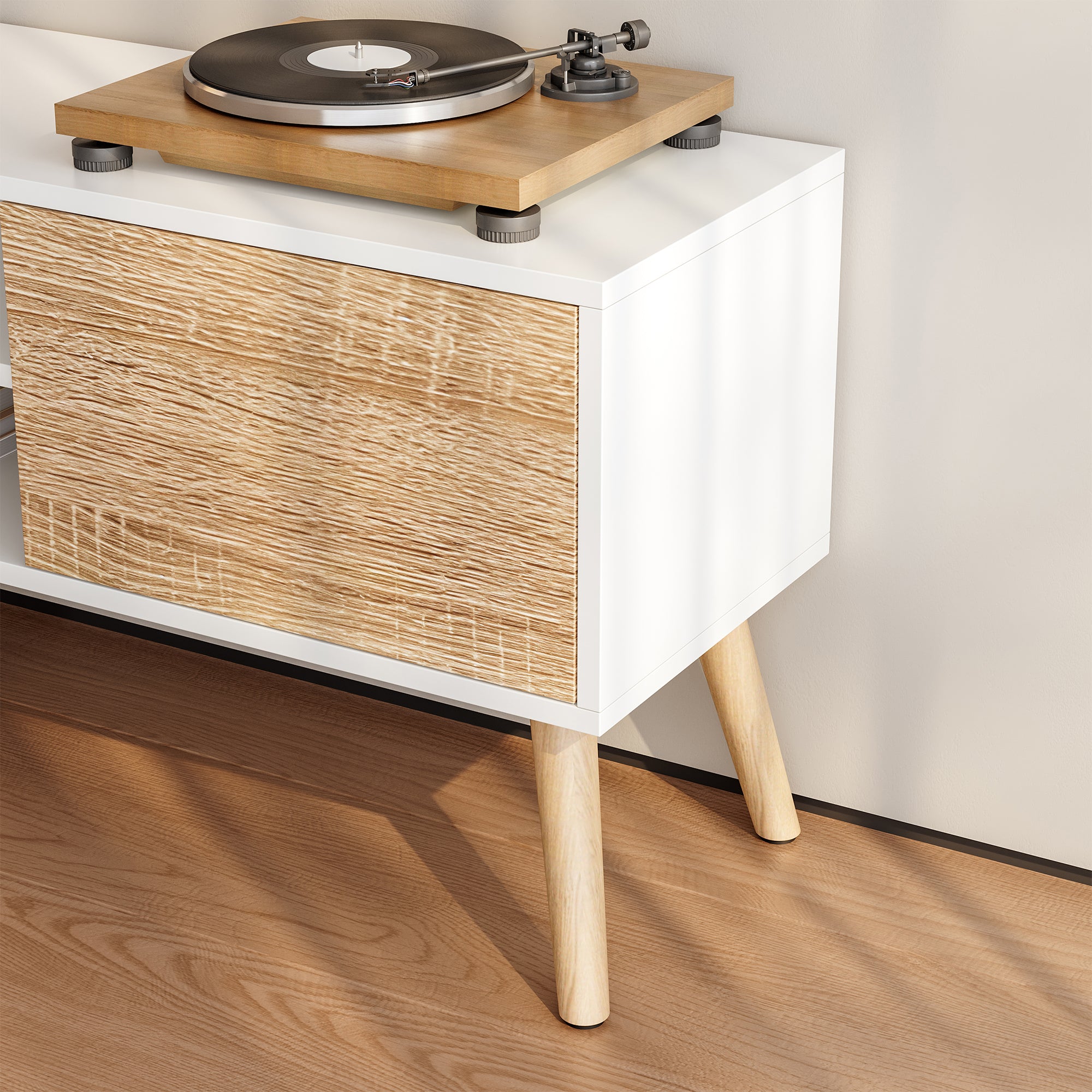 Mobile Porta TV con 2 Armadietti e 2 Scomparti Aperti 120 x 29,5 x 46,5 cm Supporto TV con Passaggio Cavi Tavolino