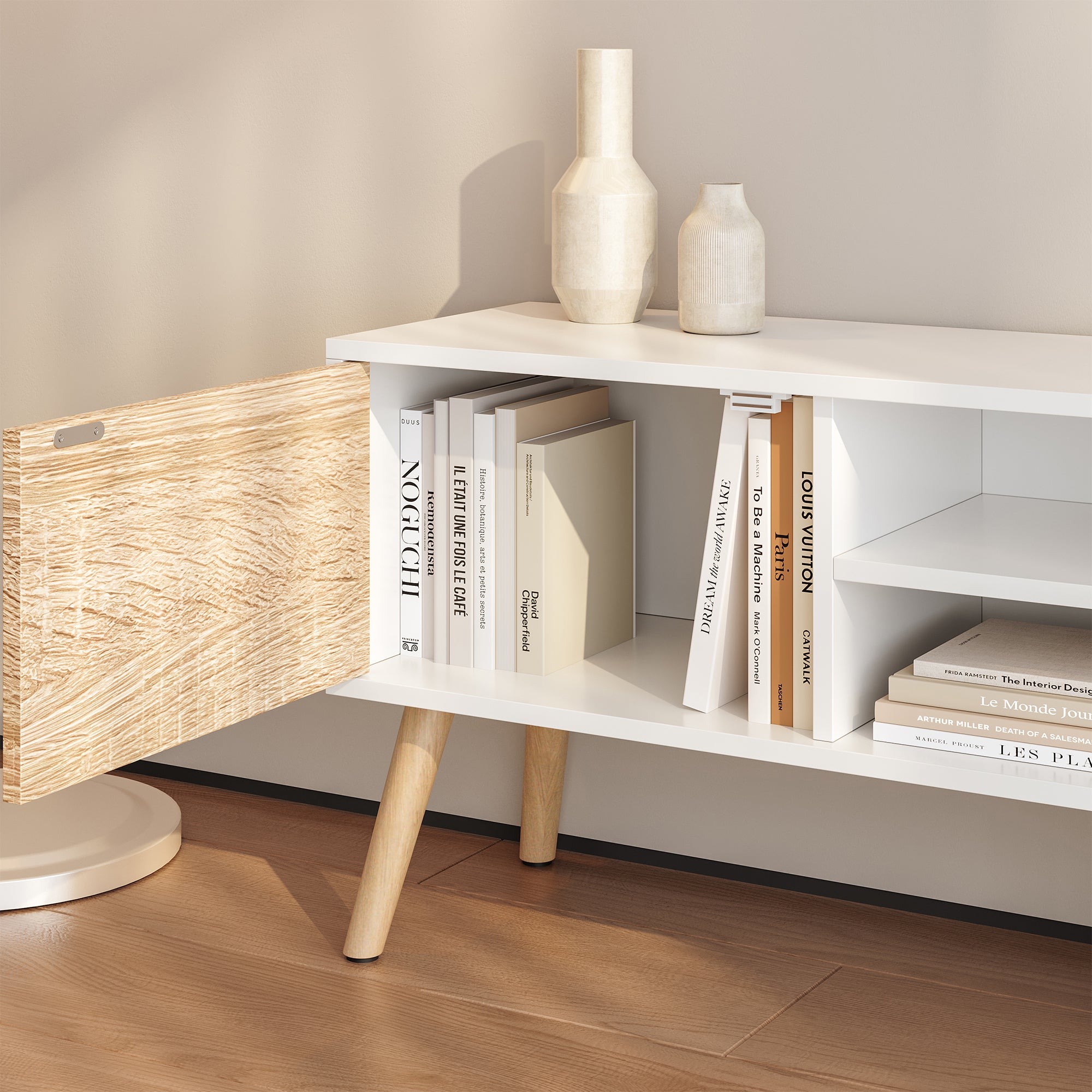 Mobile Porta TV con 2 Armadietti e 2 Scomparti Aperti 120 x 29,5 x 46,5 cm Supporto TV con Passaggio Cavi Tavolino