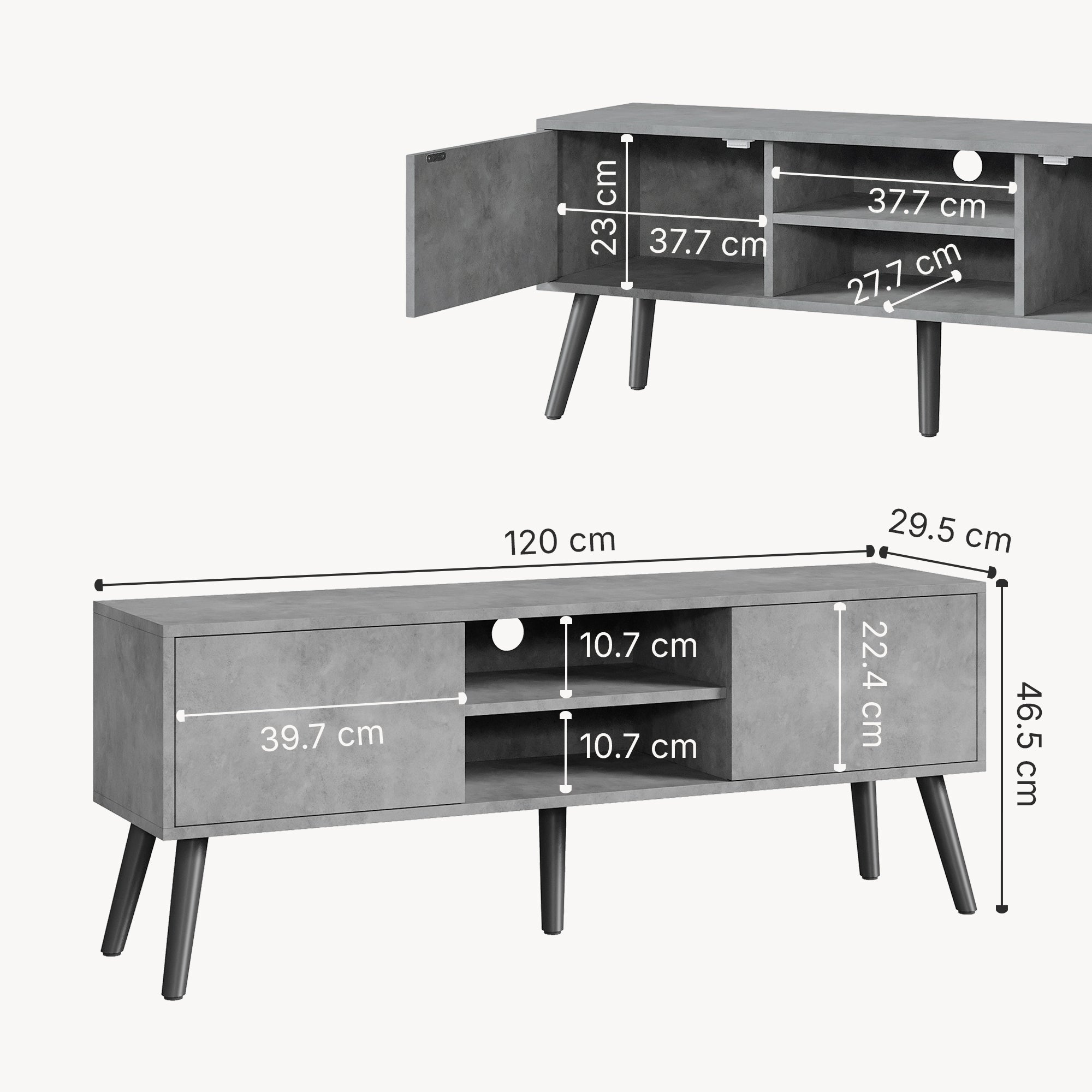 Mobile Porta TV con 2 Armadietti e 2 Scomparti Aperti 120 x 29,5 x 46,5 cm Supporto TV con Passaggio Cavi Tavolino