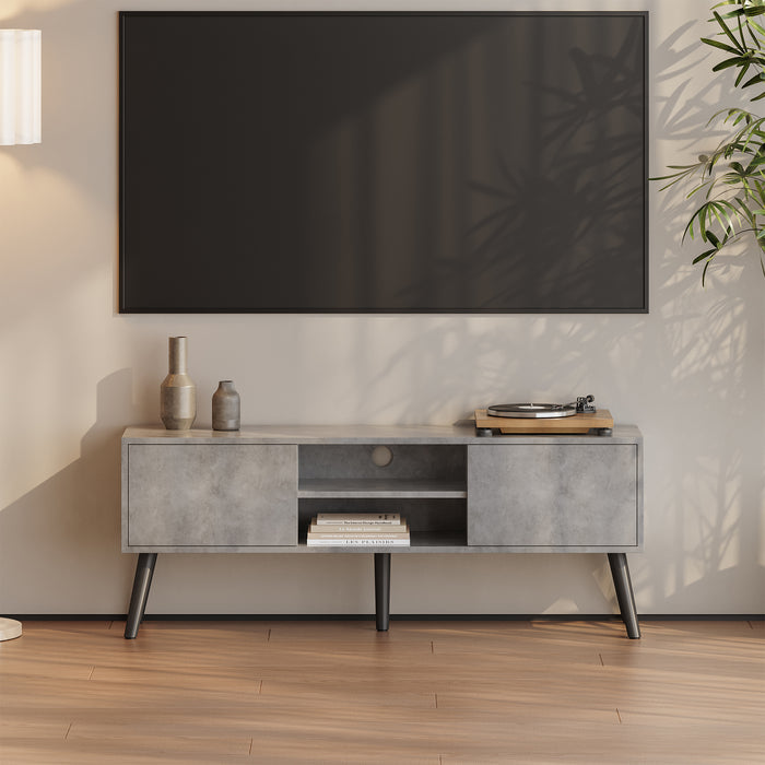 Mobile Porta TV con 2 Armadietti e 2 Scomparti Aperti 120 x 29,5 x 46,5 cm Supporto TV con Passaggio Cavi Tavolino