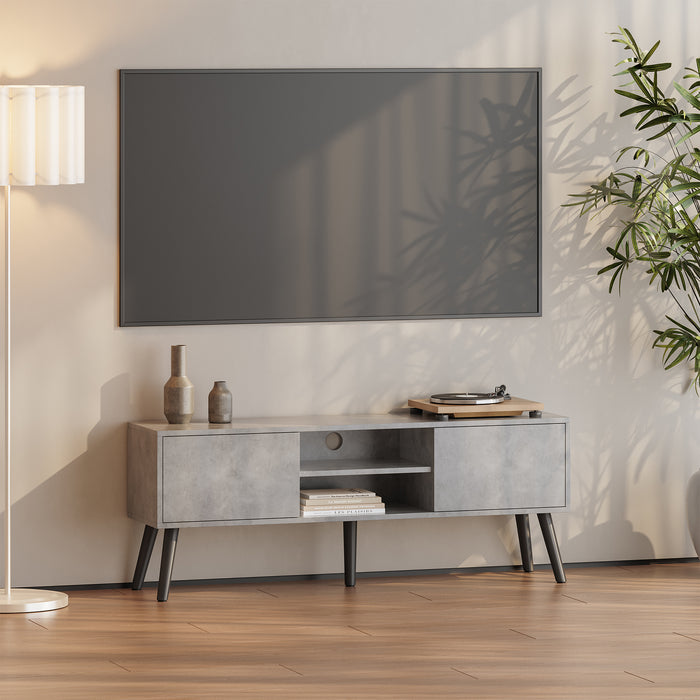 Mobile Porta TV con 2 Armadietti e 2 Scomparti Aperti 120 x 29,5 x 46,5 cm Supporto TV con Passaggio Cavi Tavolino