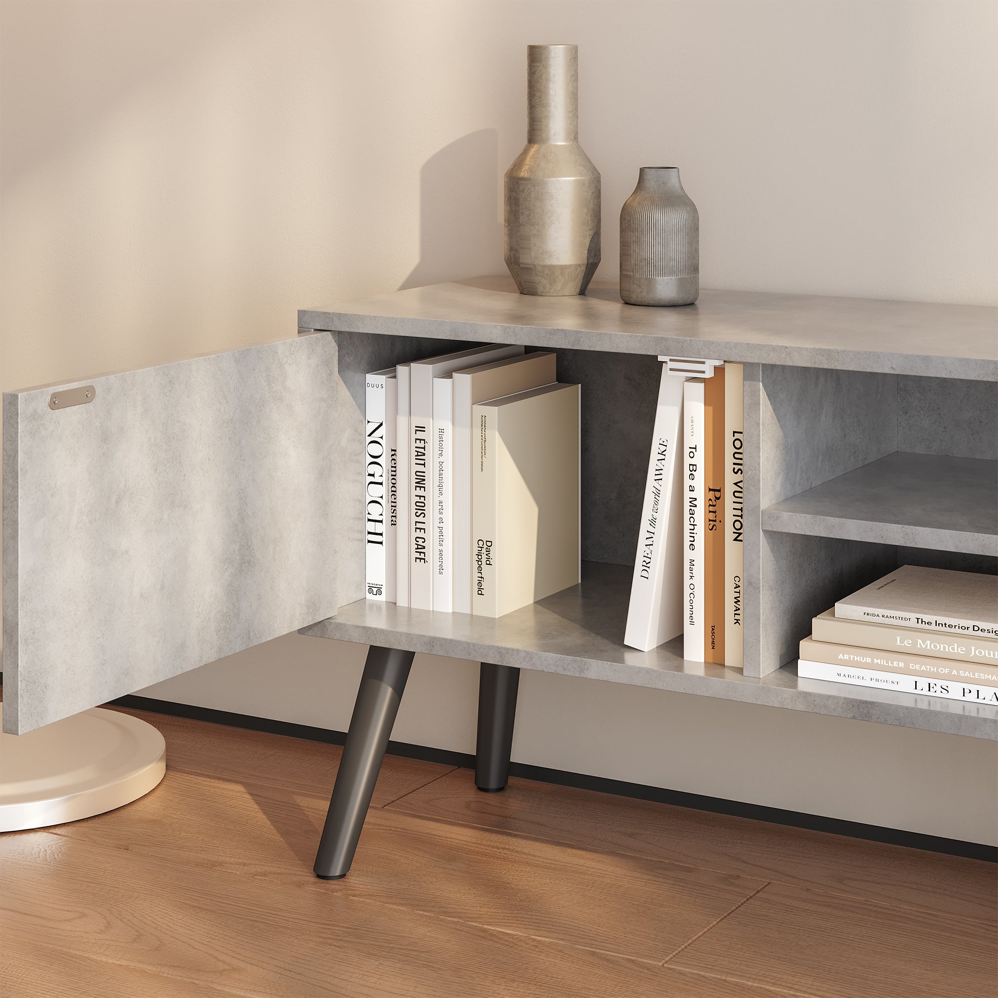 Mobile Porta TV con 2 Armadietti e 2 Scomparti Aperti 120 x 29,5 x 46,5 cm Supporto TV con Passaggio Cavi Tavolino