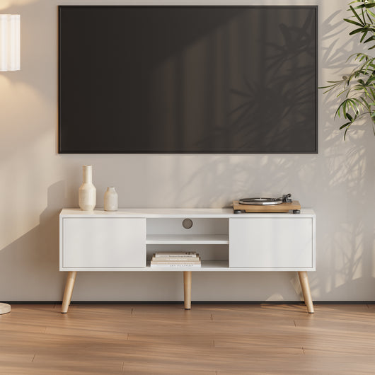 Mobile Porta TV con 2 Armadietti e 2 Scomparti Aperti 120 x 29,5 x 46,5 cm Supporto TV con Passaggio Cavi Tavolino