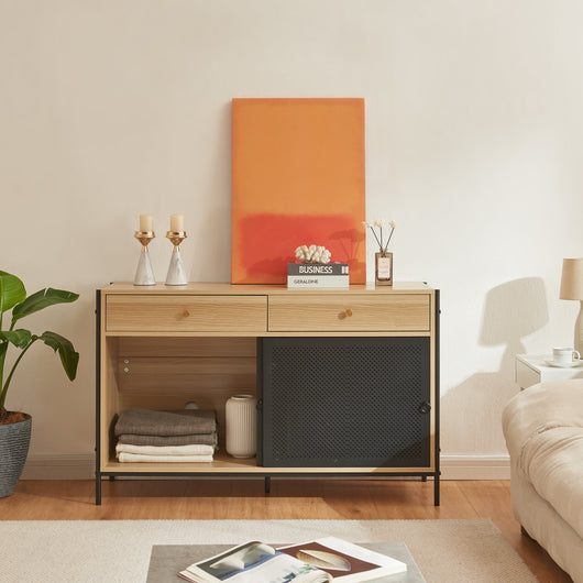 Mobile Porta TV Tysnes con 2 Cassetti e Scomparto Chiuso - Effetto Rovere / Nero [en.casa]