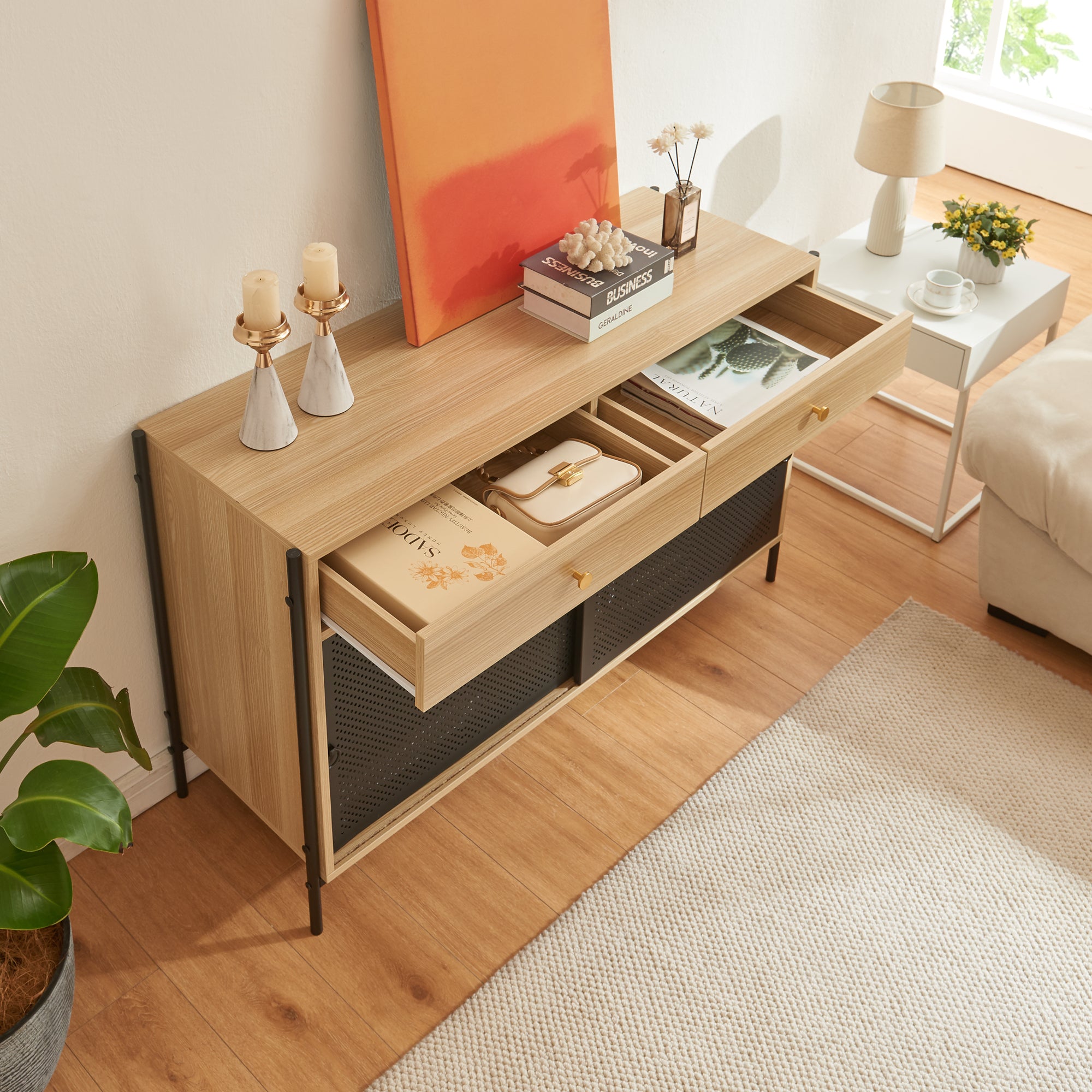 Mobile Porta TV Tysnes con 2 Cassetti e Scomparto Chiuso - Effetto Rovere / Nero [en.casa]