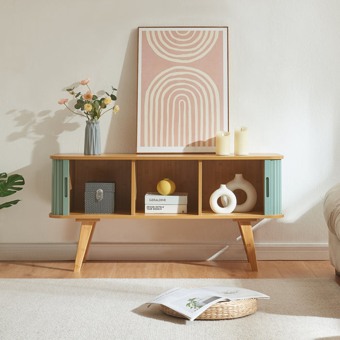 Mobile TV Tysvær 120x40x58 cm - Naturale / Azzurro [en.casa]