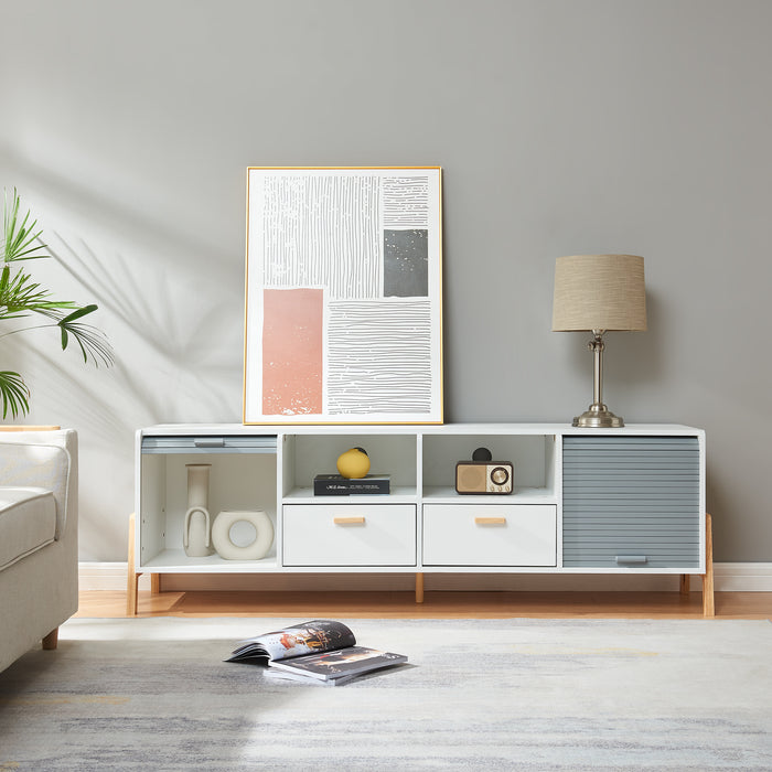 Mobile Porta TV Kvaefjord con Casseti Scomparti Aperti e Ante a Serranda - Bianco/Grigio [en.casa]