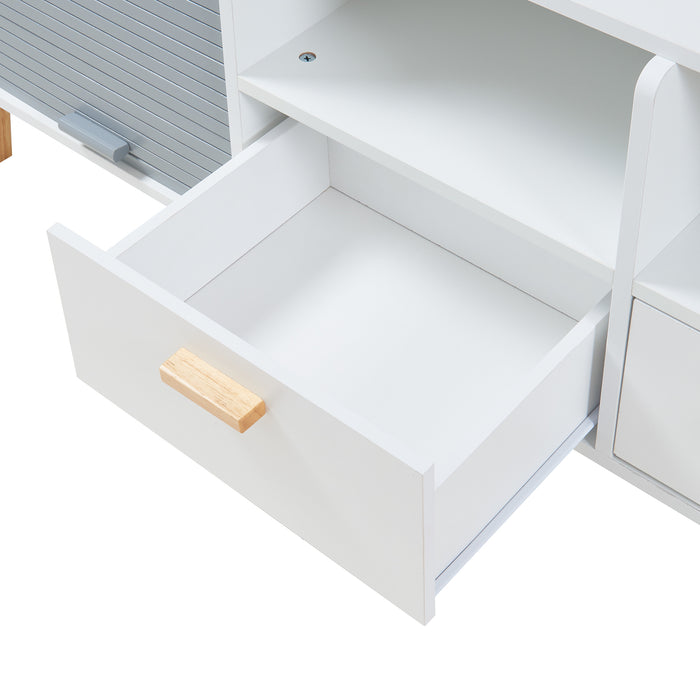 Mobile Porta TV Kvaefjord con Casseti Scomparti Aperti e Ante a Serranda - Bianco/Grigio [en.casa]