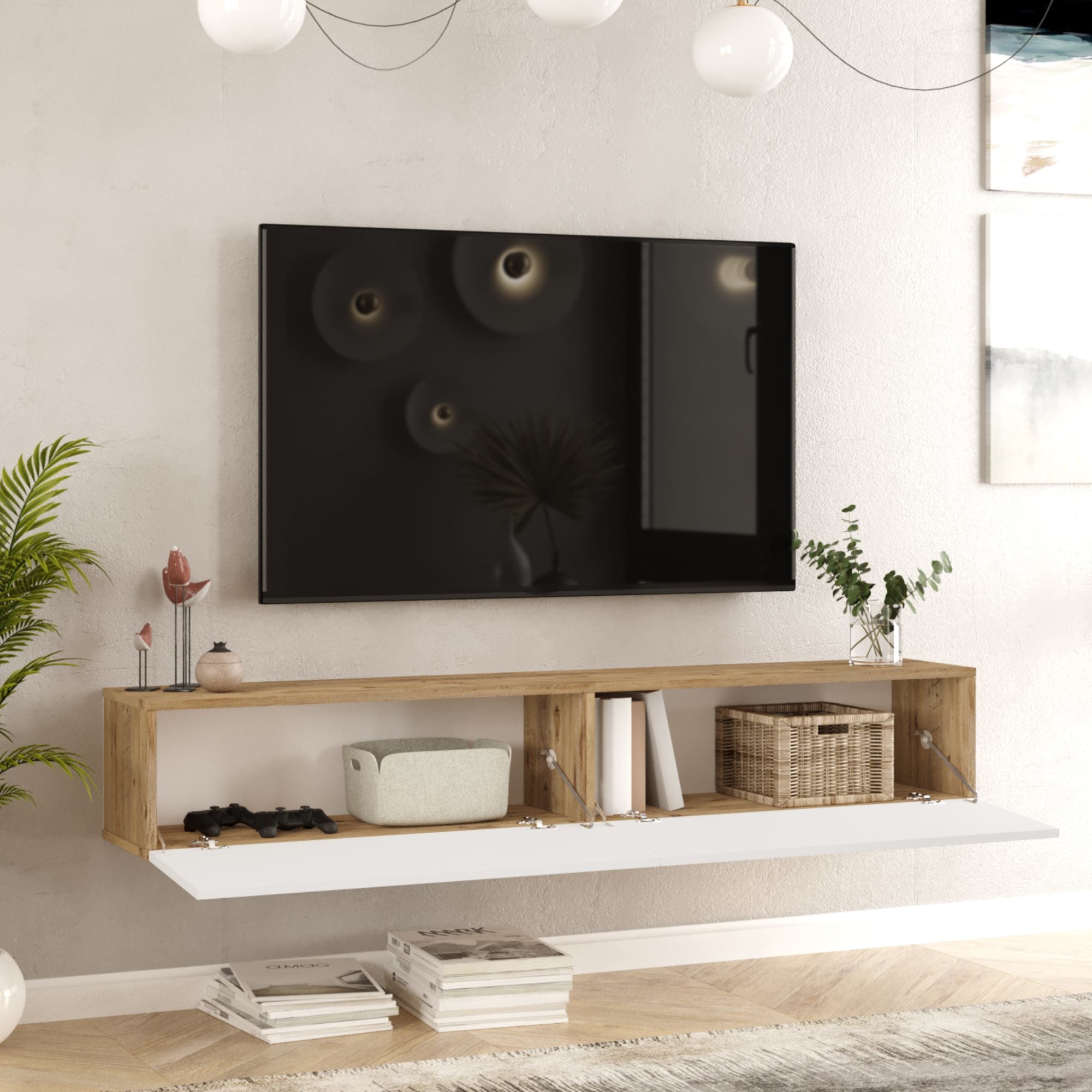 Mobile Porta TV Lapinlahti con 2 Ante a Ribalta Consolle da Parete 180 cm - Rovere Rustico/Bianco [en.casa]